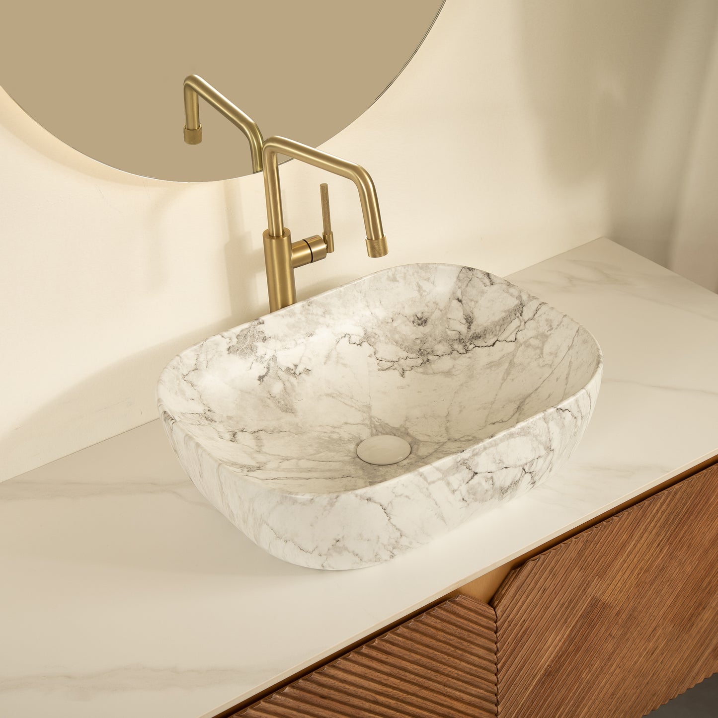 RUBEN 48" Badezimmer-Waschtisch und Waschbecken, schwebender Sperrholz-Aufbewahrungsschrank, Keramik-Waschbecken mit Marmormuster