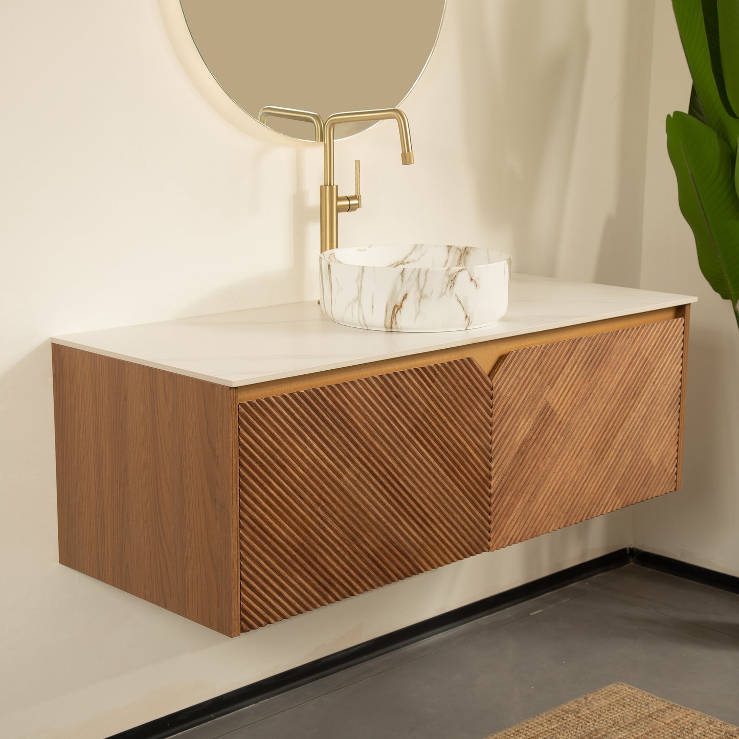 RUBEN 48" Bathroom Vanity&Sink, Floating Plywood Storage Cabinet,  Stone Pattern White Round Ceramic Vessel Basin