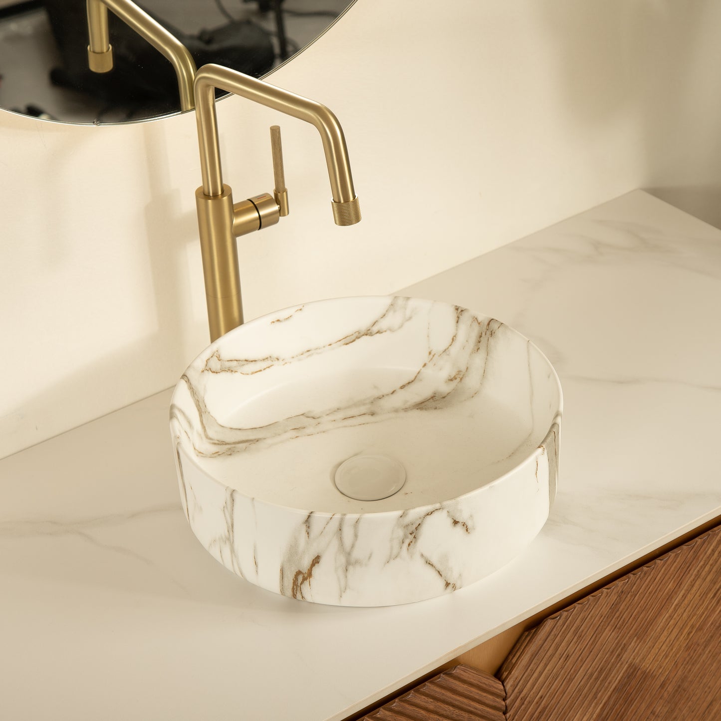 RUBEN 48" Bathroom Vanity&Sink, Floating Plywood Storage Cabinet,  Stone Pattern White Round Ceramic Vessel Basin