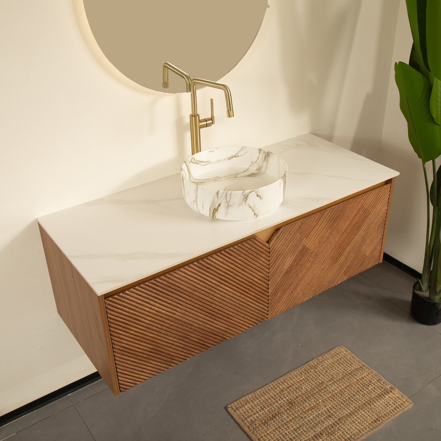 RUBEN 48" Bathroom Vanity&Sink, Floating Plywood Storage Cabinet,  Stone Pattern White Round Ceramic Vessel Basin