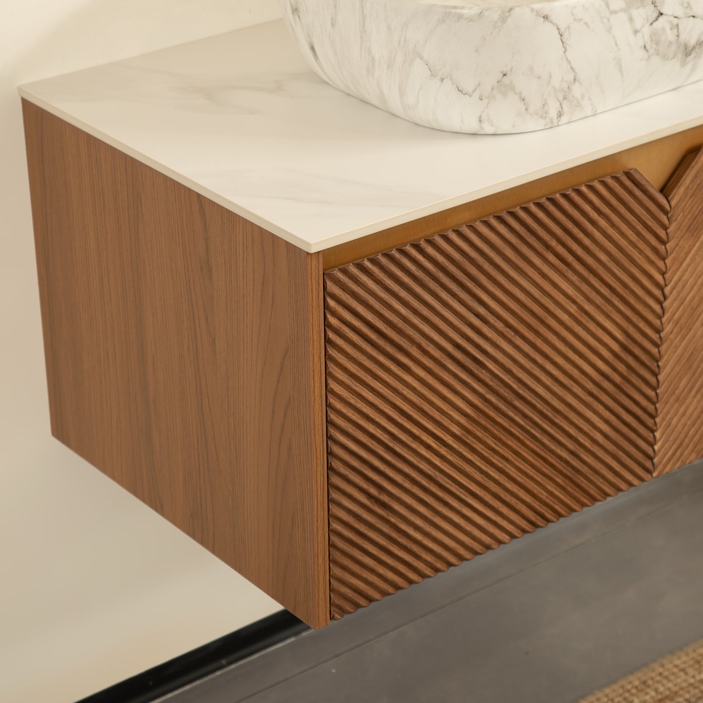 RUBEN 48" Badezimmer-Waschtisch und Waschbecken, schwebender Sperrholz-Aufbewahrungsschrank, Keramik-Waschbecken mit Marmormuster