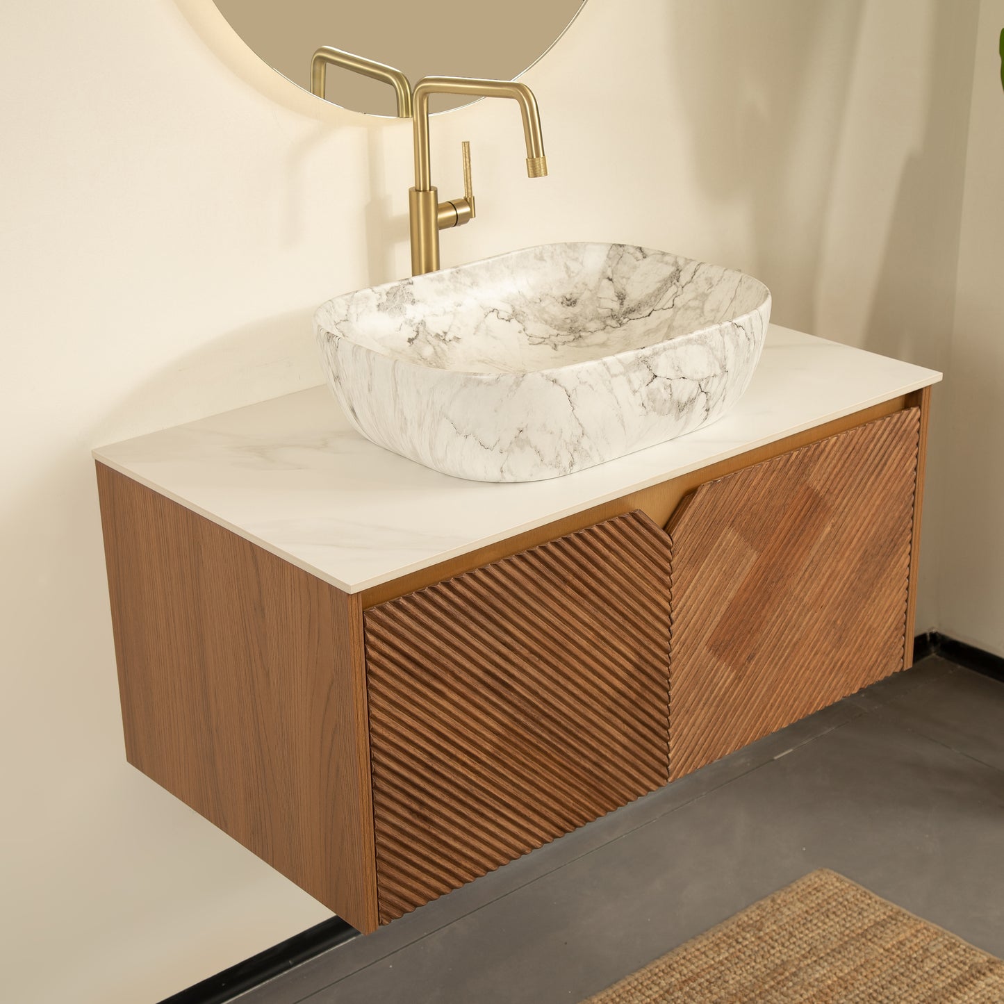 RUBEN 48" Badezimmer-Waschtisch und Waschbecken, schwebender Sperrholz-Aufbewahrungsschrank, Keramik-Waschbecken mit Marmormuster