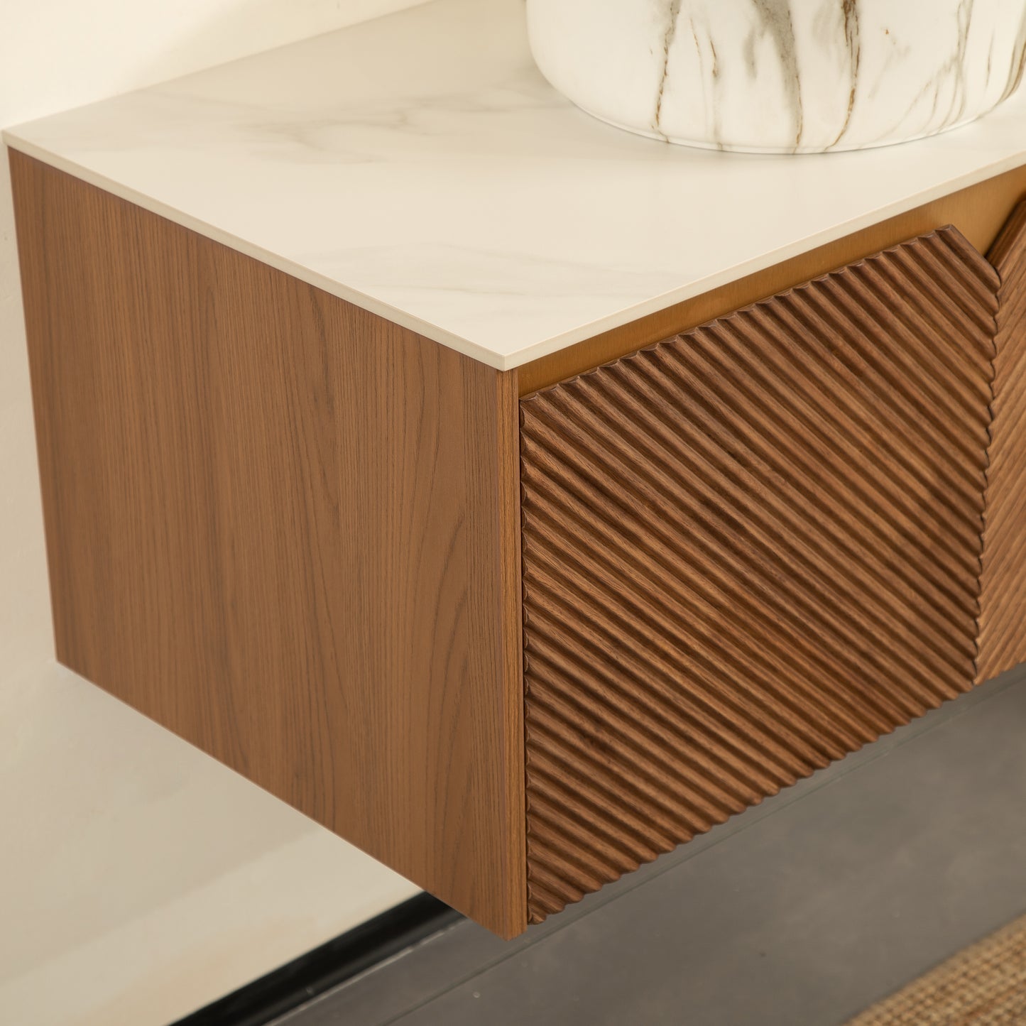 RUBEN 48" Bathroom Vanity&Sink, Floating Plywood Storage Cabinet,  Stone Pattern White Round Ceramic Vessel Basin