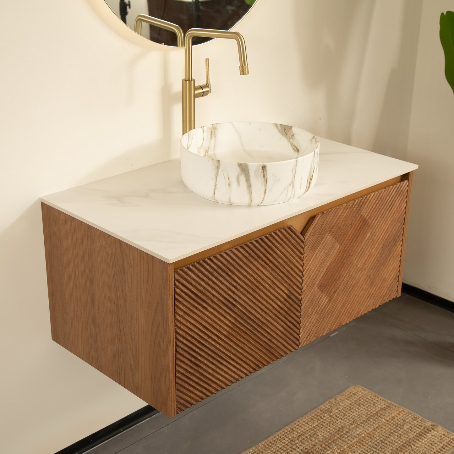 RUBEN 48" Bathroom Vanity&Sink, Floating Plywood Storage Cabinet,  Stone Pattern White Round Ceramic Vessel Basin