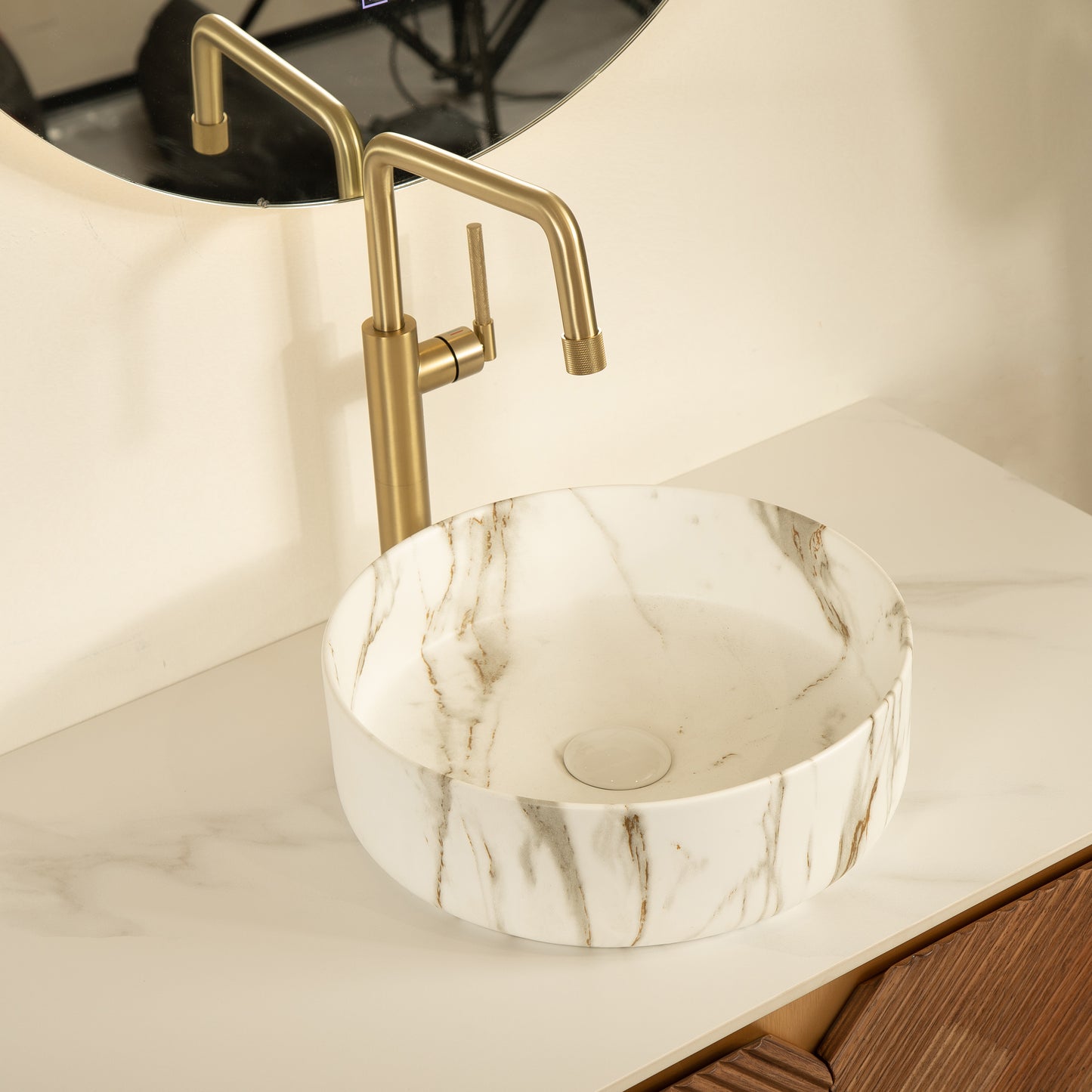 RUBEN 48" Bathroom Vanity&Sink, Floating Plywood Storage Cabinet,  Stone Pattern White Round Ceramic Vessel Basin