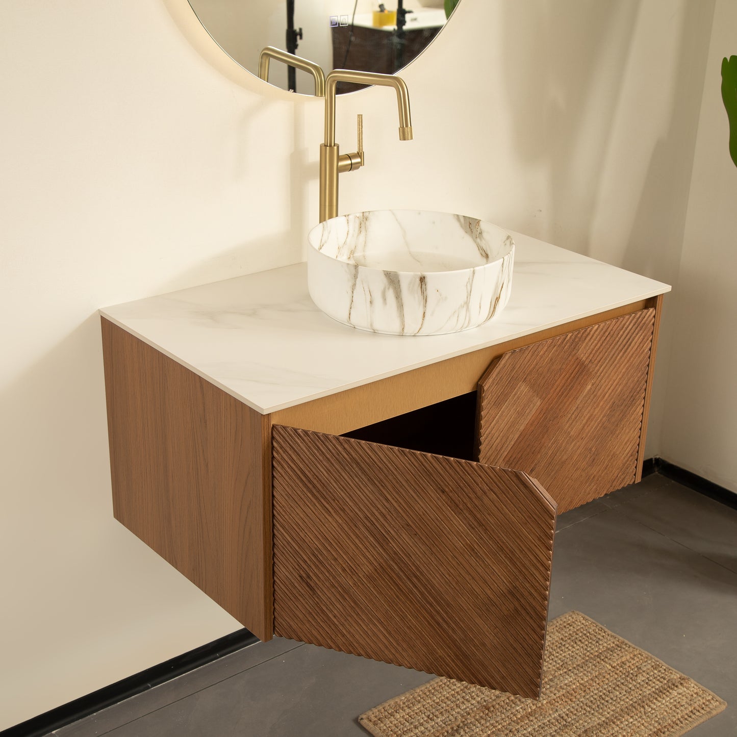 RUBEN 48" Bathroom Vanity&Sink, Floating Plywood Storage Cabinet,  Stone Pattern White Round Ceramic Vessel Basin