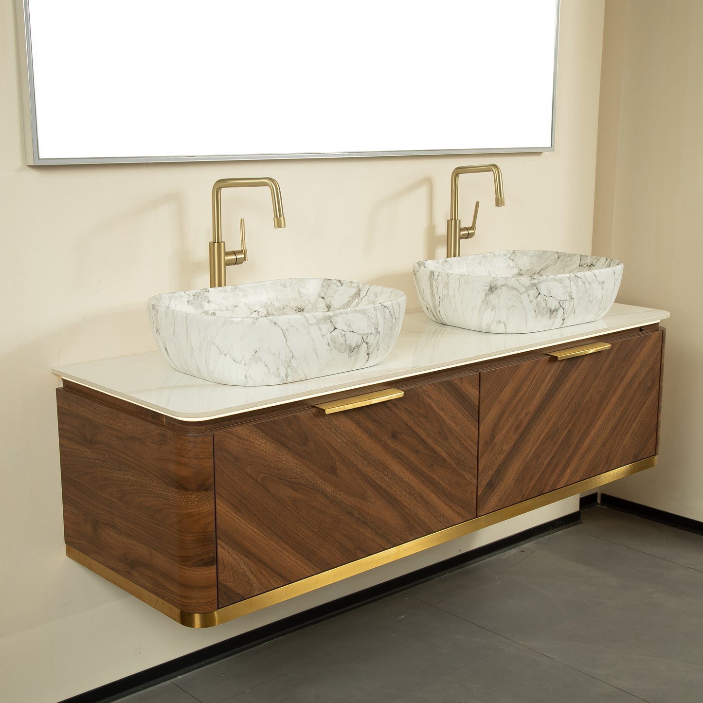 DIPA 60" Badezimmer-Waschtisch und Waschbecken, schwebender Sperrholz-Aufbewahrungsschrank, dunkle Walnussholzmaserung, gesinterte Steinplatte