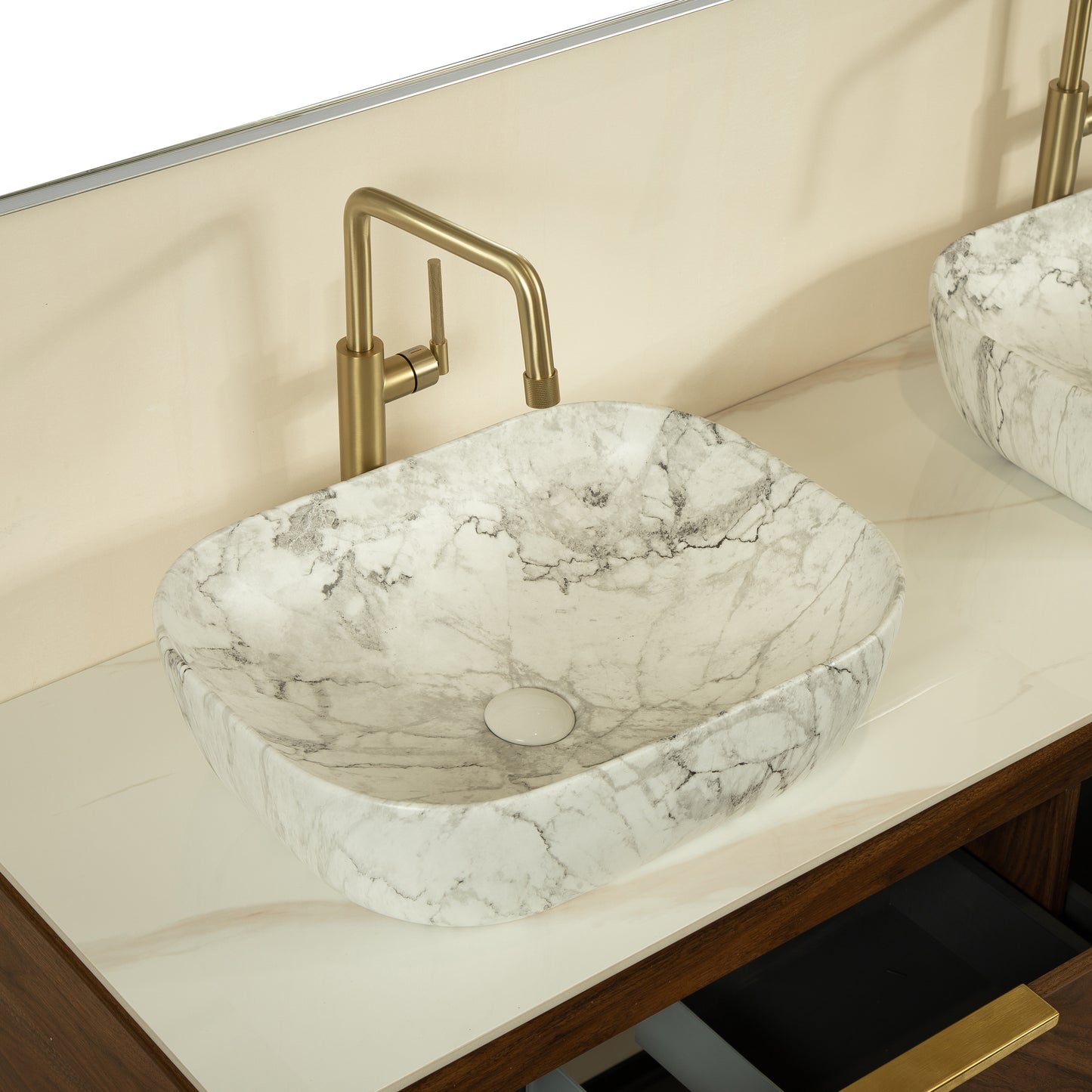 DIPA 60" Badezimmer-Waschtisch und Waschbecken, schwebender Sperrholz-Aufbewahrungsschrank, dunkle Walnussholzmaserung, gesinterte Steinplatte