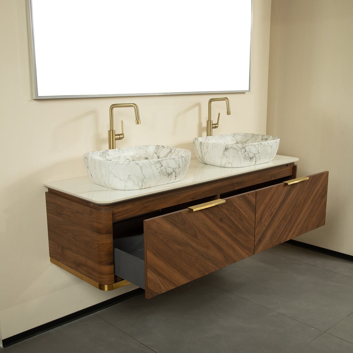 DIPA 60" Badezimmer-Waschtisch und Waschbecken, schwebender Sperrholz-Aufbewahrungsschrank, dunkle Walnussholzmaserung, gesinterte Steinplatte