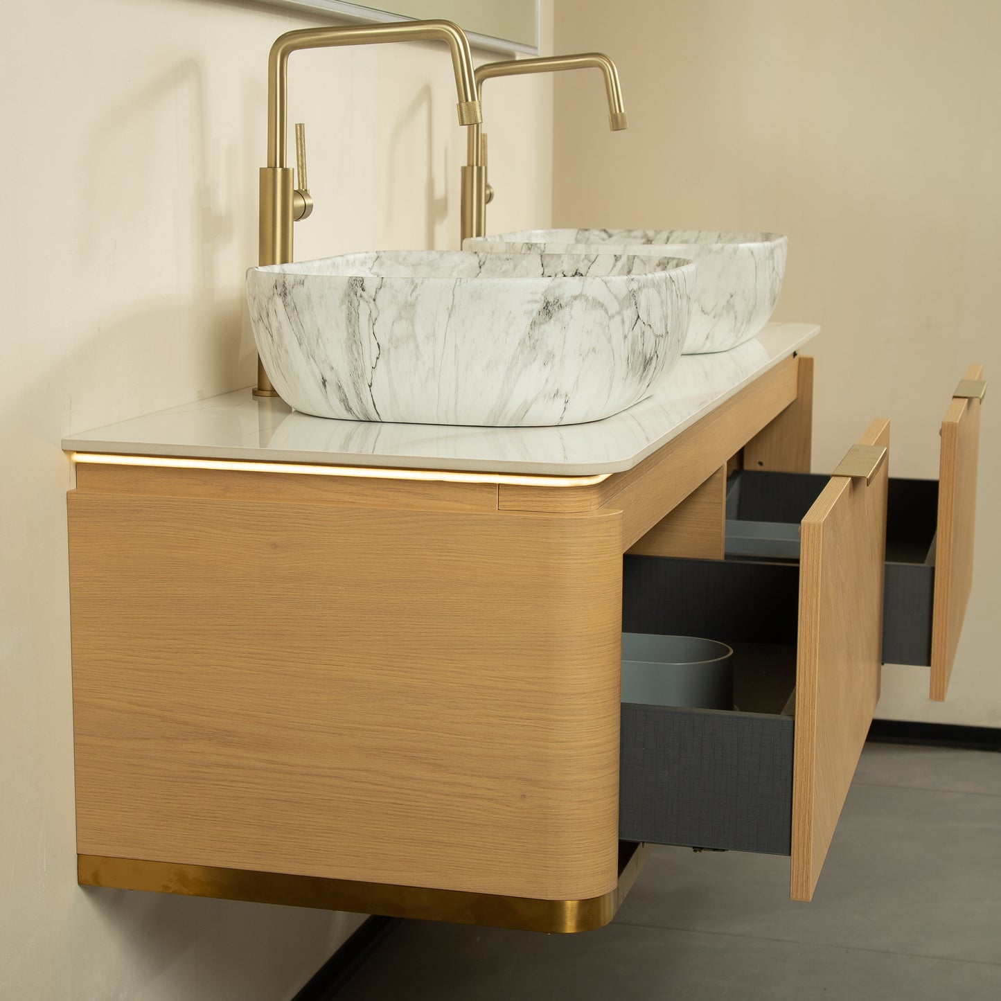 DIPA 60" Badezimmer-Waschtisch und Waschbecken, schwebender Sperrholz-Aufbewahrungsschrank mit 2 Schubladen, Sintersteinplatte