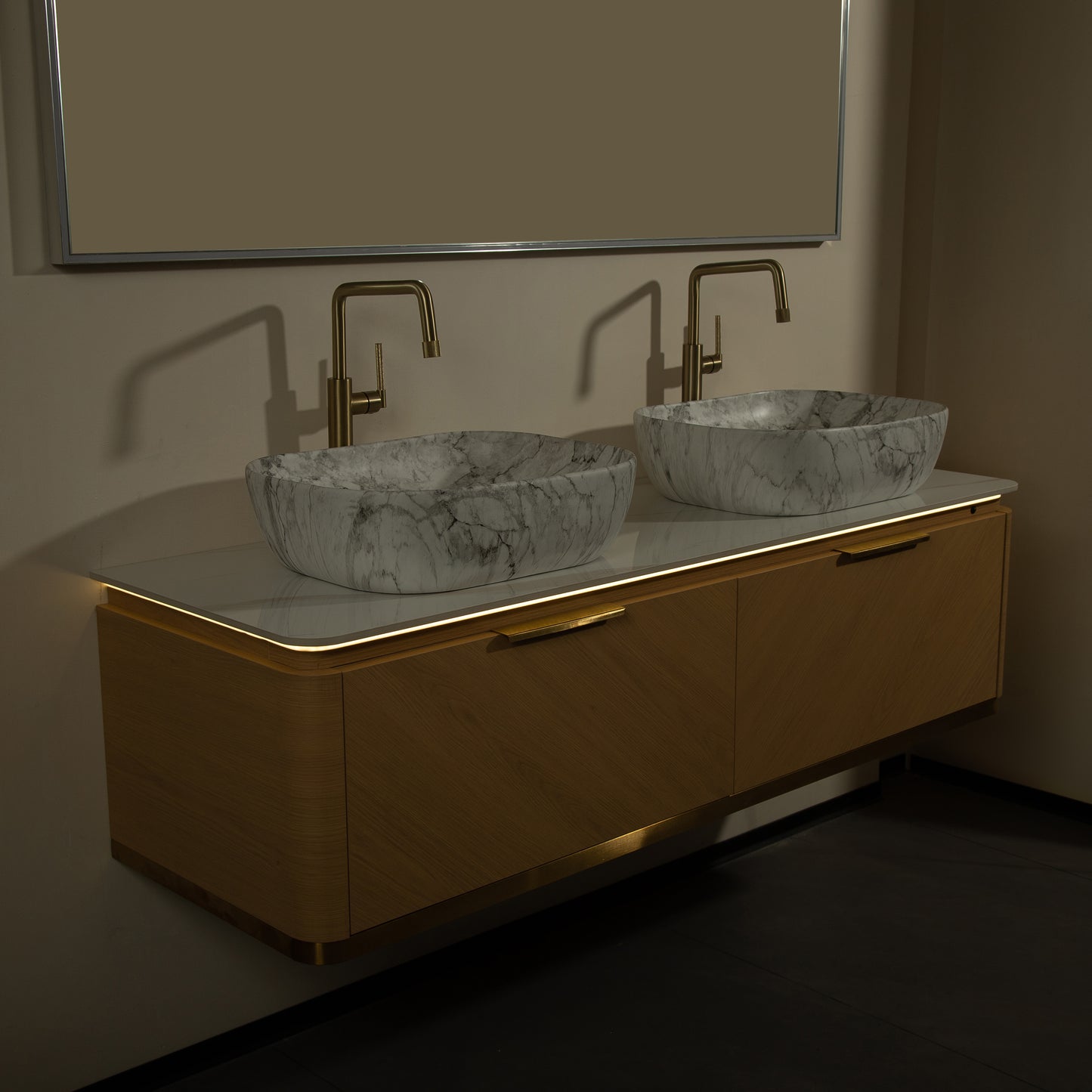 DIPA 60" Badezimmer-Waschtisch und Waschbecken, schwebender Sperrholz-Aufbewahrungsschrank mit 2 Schubladen, Sintersteinplatte