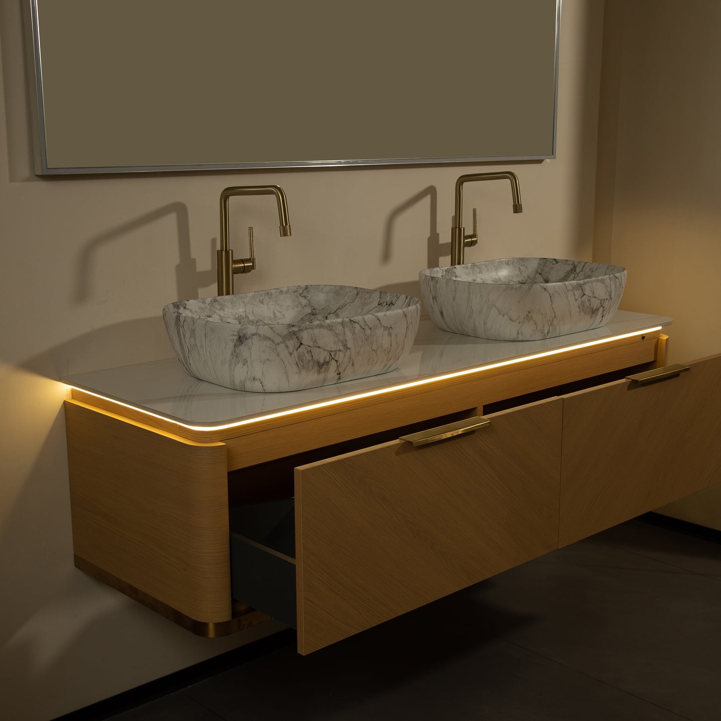 DIPA 60" Badezimmer-Waschtisch und Waschbecken, schwebender Sperrholz-Aufbewahrungsschrank mit 2 Schubladen, Sintersteinplatte