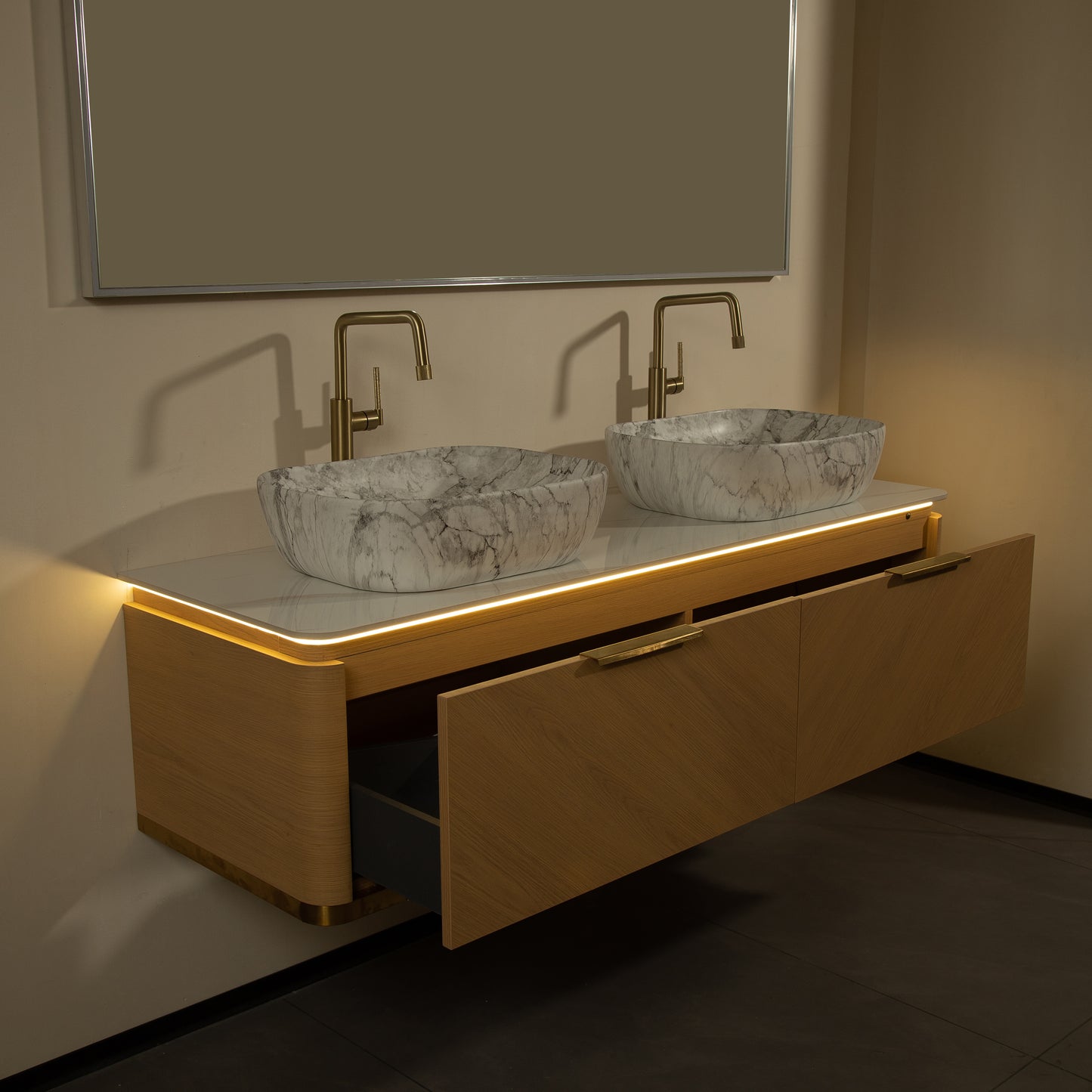 DIPA 60" Badezimmer-Waschtisch und Waschbecken, schwebender Sperrholz-Aufbewahrungsschrank mit 2 Schubladen, Sintersteinplatte