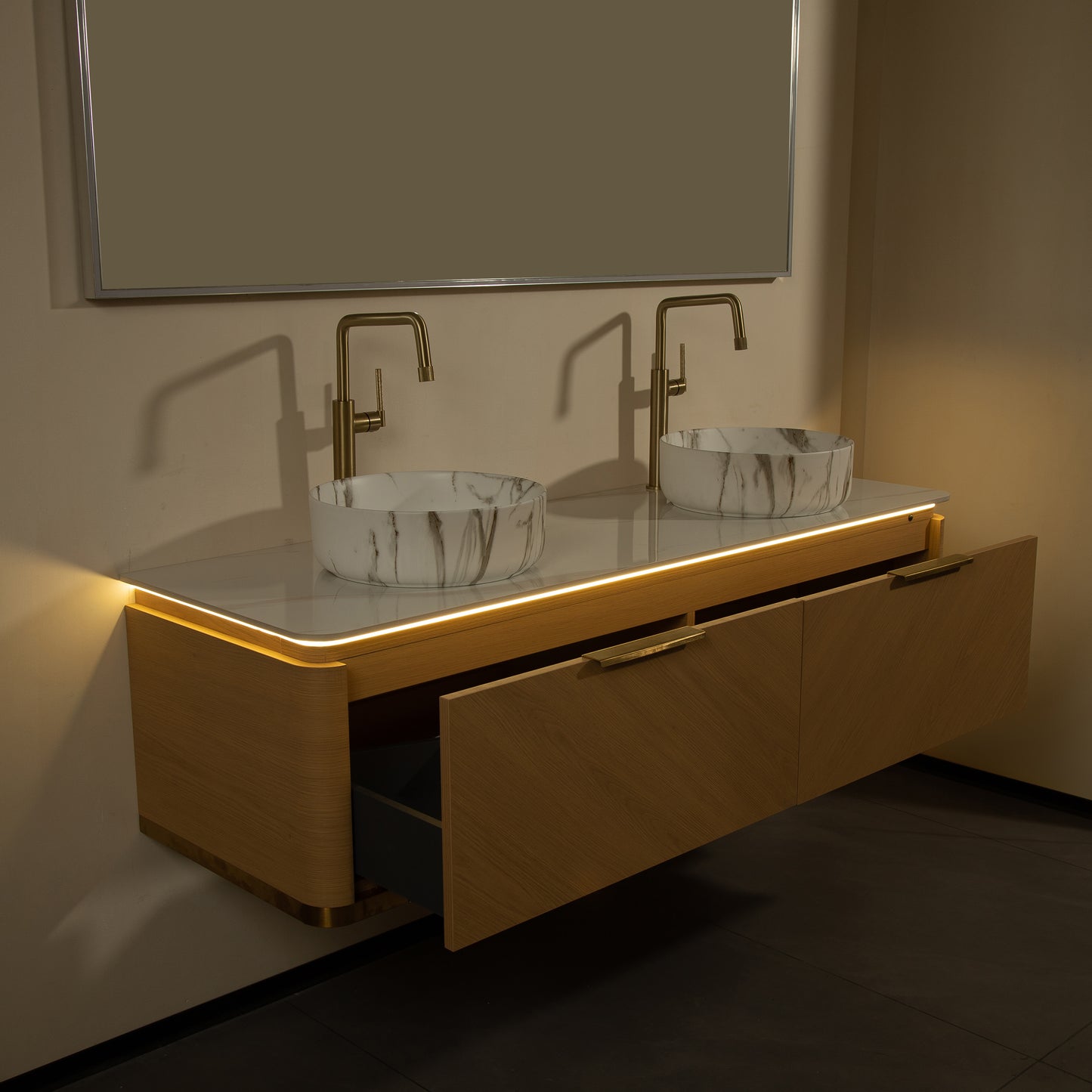 DIPA 60" Badezimmer-Waschtisch und Waschbecken, schwebender Sperrholz-Aufbewahrungsschrank mit Schublade, Eichenholzmaserung