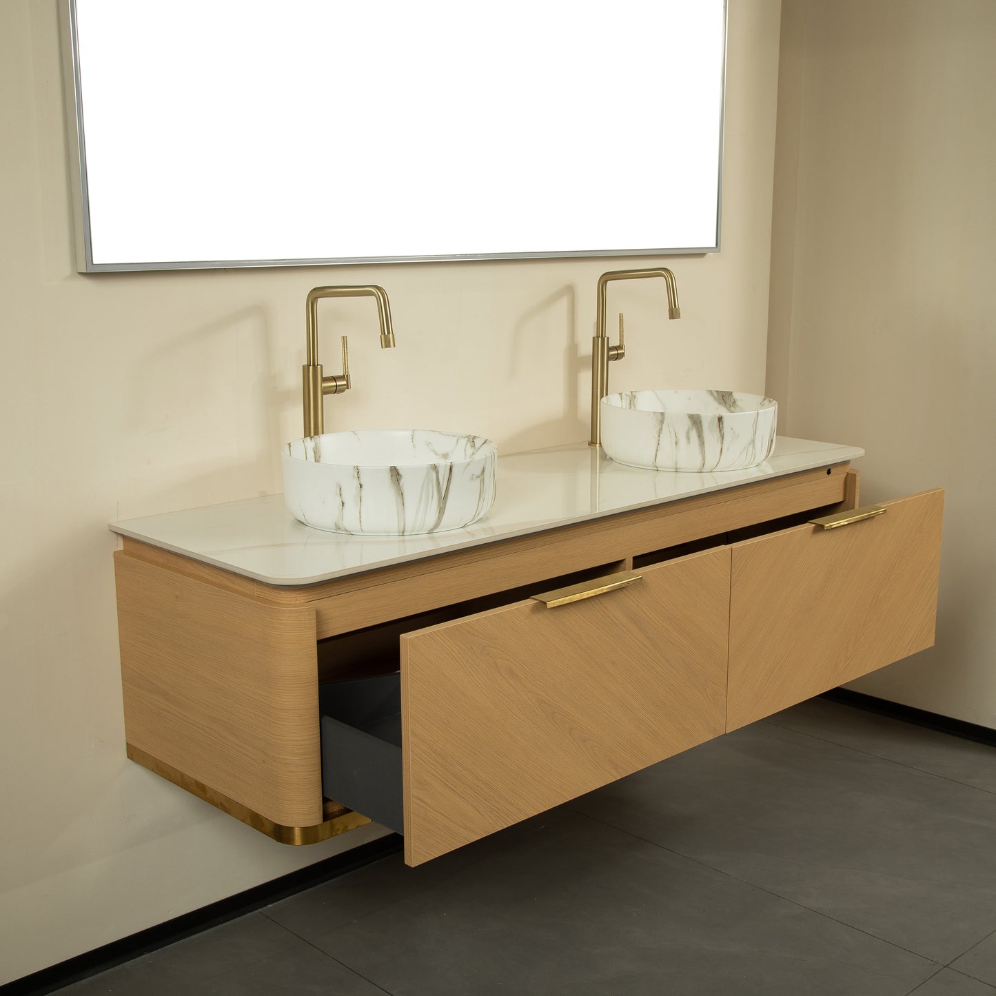 DIPA 60" Badezimmer-Waschtisch und Waschbecken, schwebender Sperrholz-Aufbewahrungsschrank mit Schublade, Eichenholzmaserung