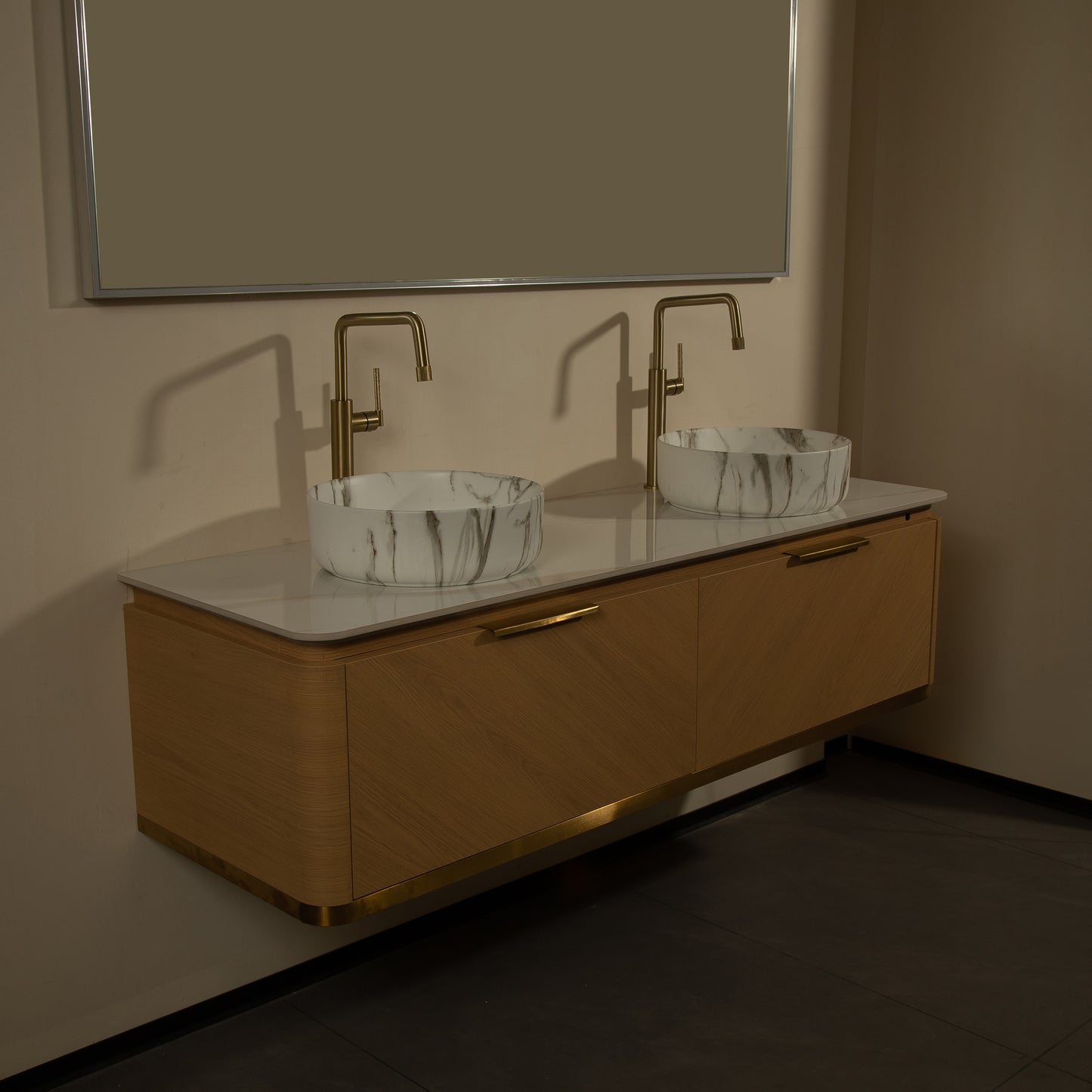 DIPA 60" Badezimmer-Waschtisch und Waschbecken, schwebender Sperrholz-Aufbewahrungsschrank mit Schublade, Eichenholzmaserung