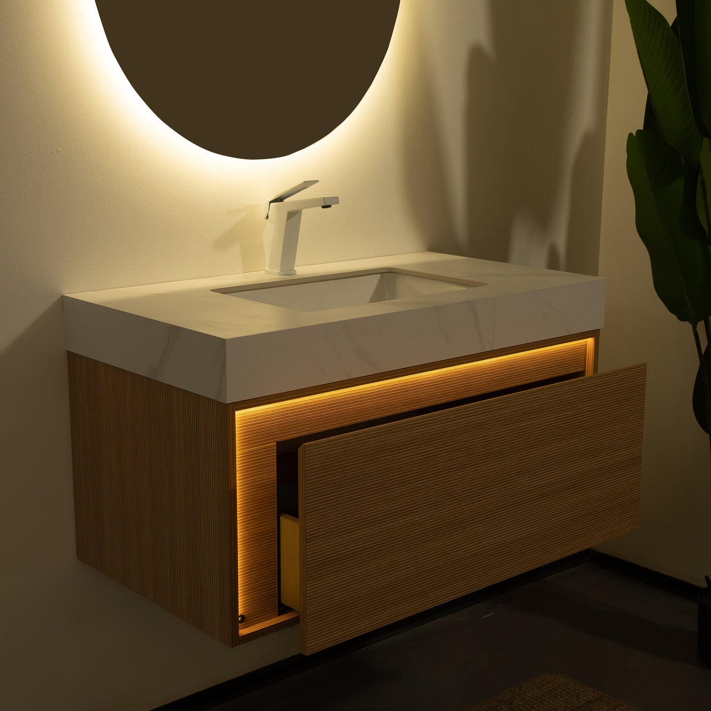 NYAH 60'' Bathroom Vanity&Sinks, Floating Ultra-Slim Grille Plywood Storage Cabinet, Carrara White