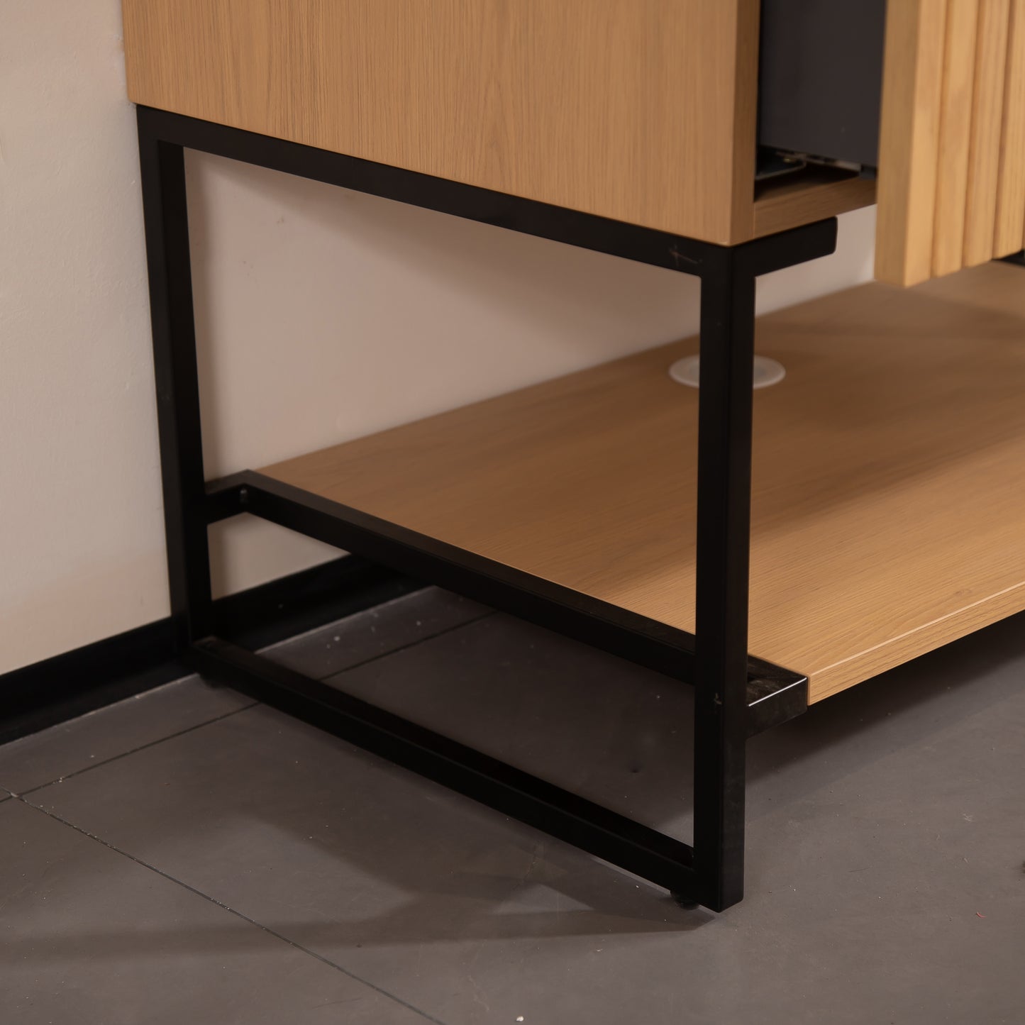 YOLAN 36" Badezimmer-Waschtisch und Waschbecken, freistehender gestreifter Sperrholz-Aufbewahrungsschrank mit Schublade und offenem Regal, Carrara-Weiß, Corolla-Eiche 