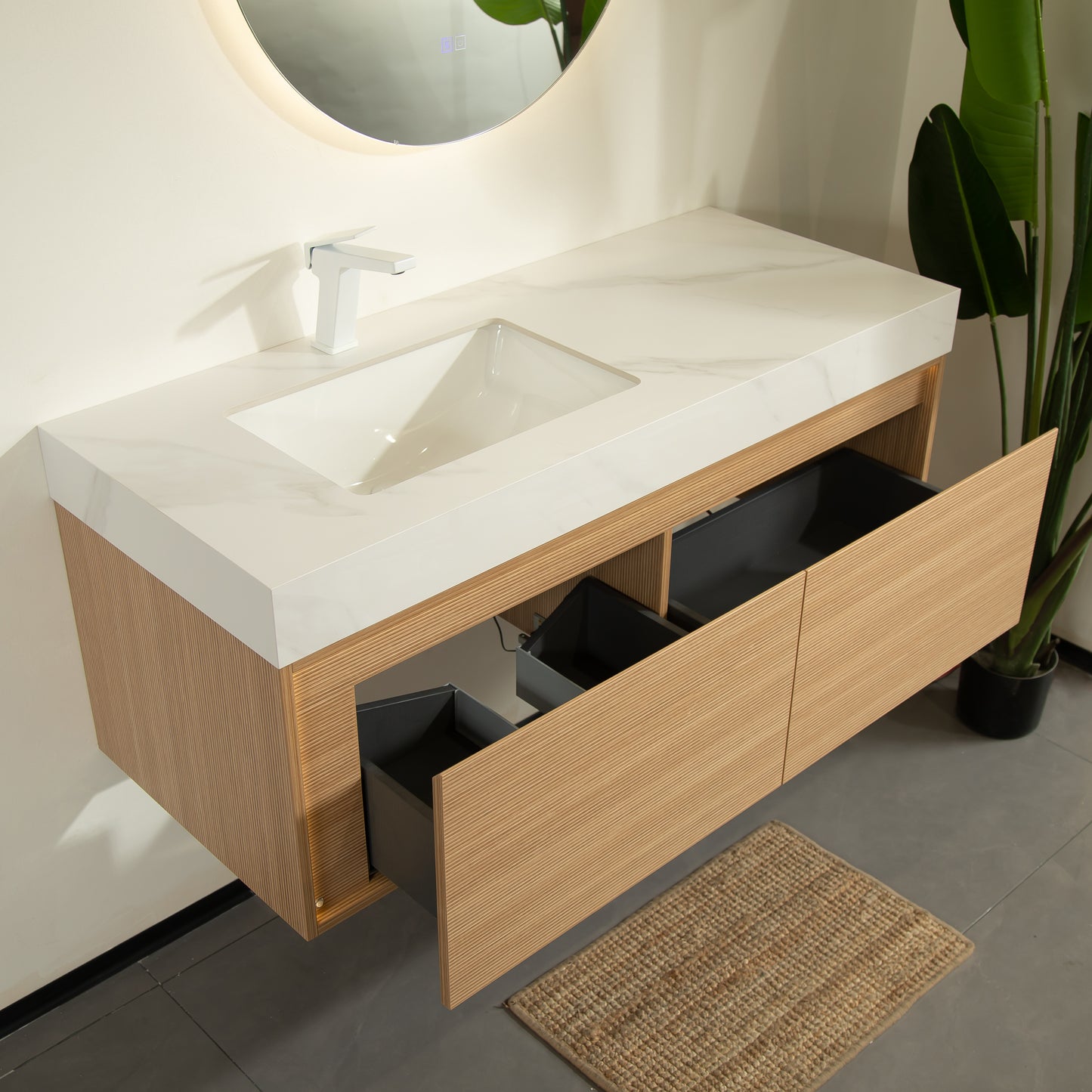 NYAH 60'' Bathroom Vanity&Sinks, Floating Ultra-Slim Grille Plywood Storage Cabinet, Carrara White