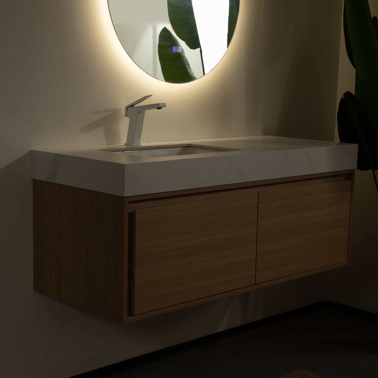 NYAH 60'' Bathroom Vanity&Sinks, Floating Ultra-Slim Grille Plywood Storage Cabinet, Carrara White