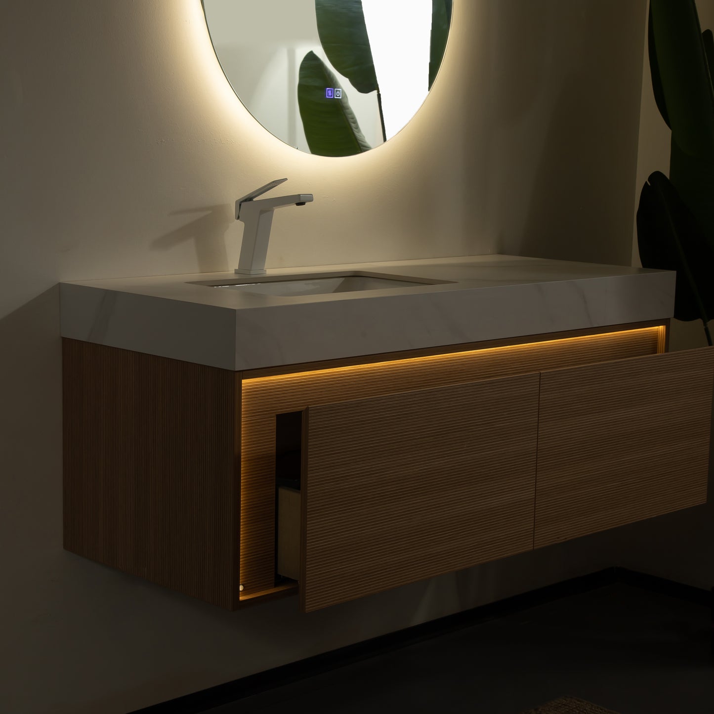 NYAH 60'' Bathroom Vanity&Sinks, Floating Ultra-Slim Grille Plywood Storage Cabinet, Carrara White