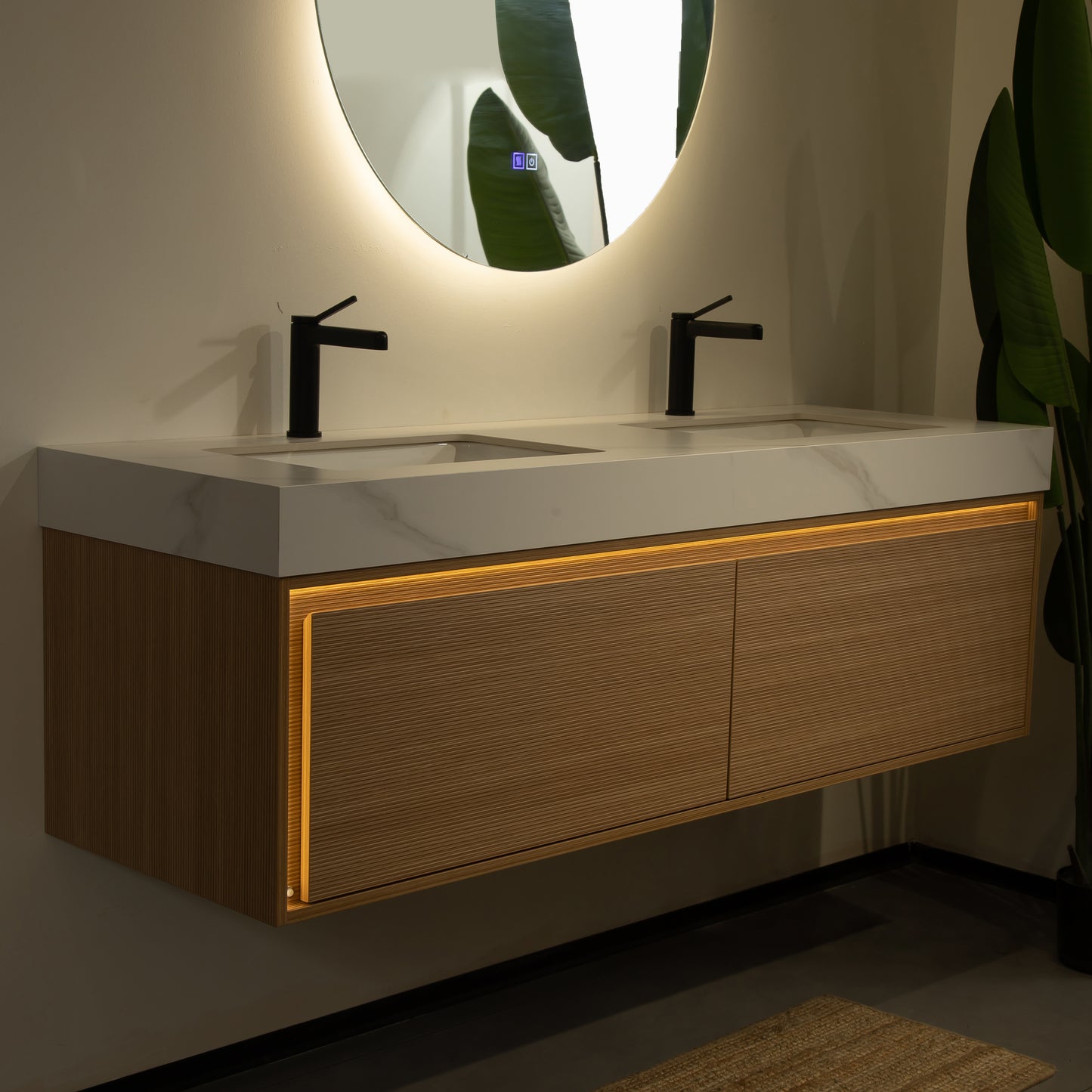 NYAH 60'' Bathroom Vanity&Sinks, Floating Ultra-Slim Grille Plywood Storage Cabinet, Carrara White