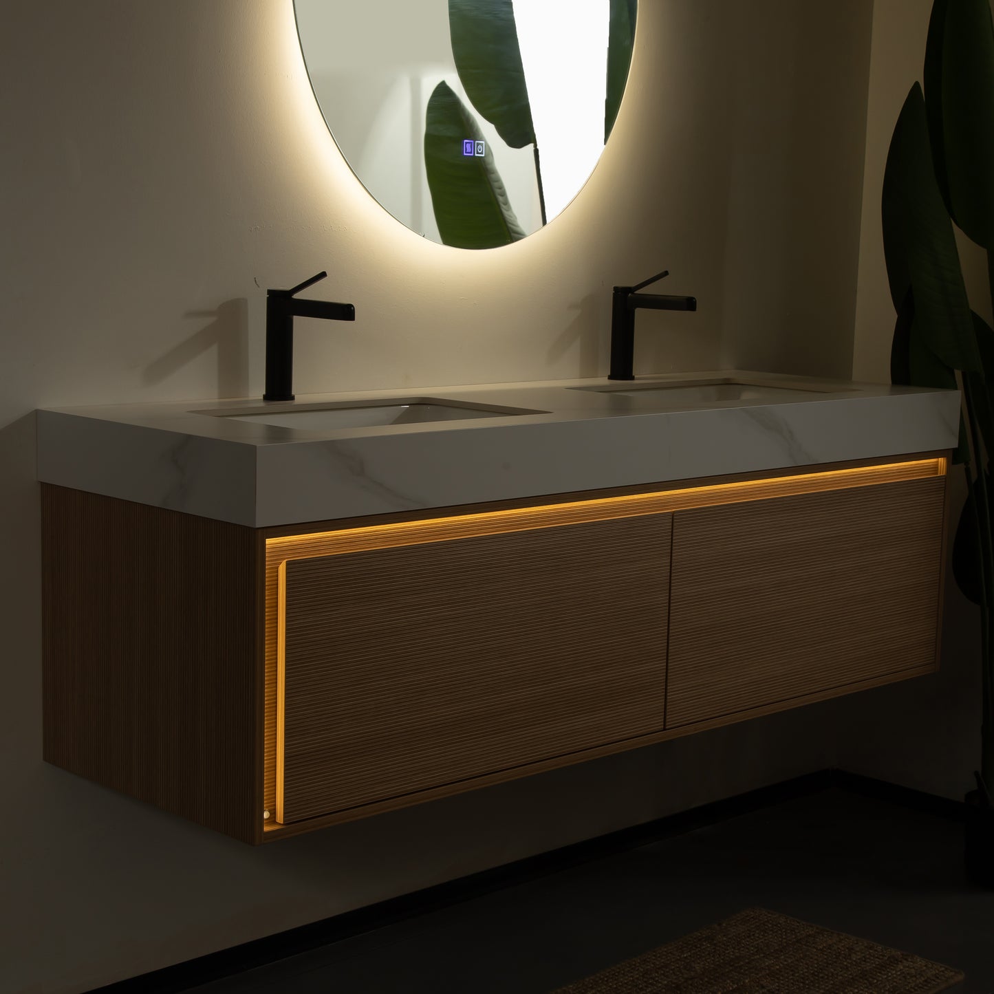 NYAH 60'' Bathroom Vanity&Sinks, Floating Ultra-Slim Grille Plywood Storage Cabinet, Carrara White