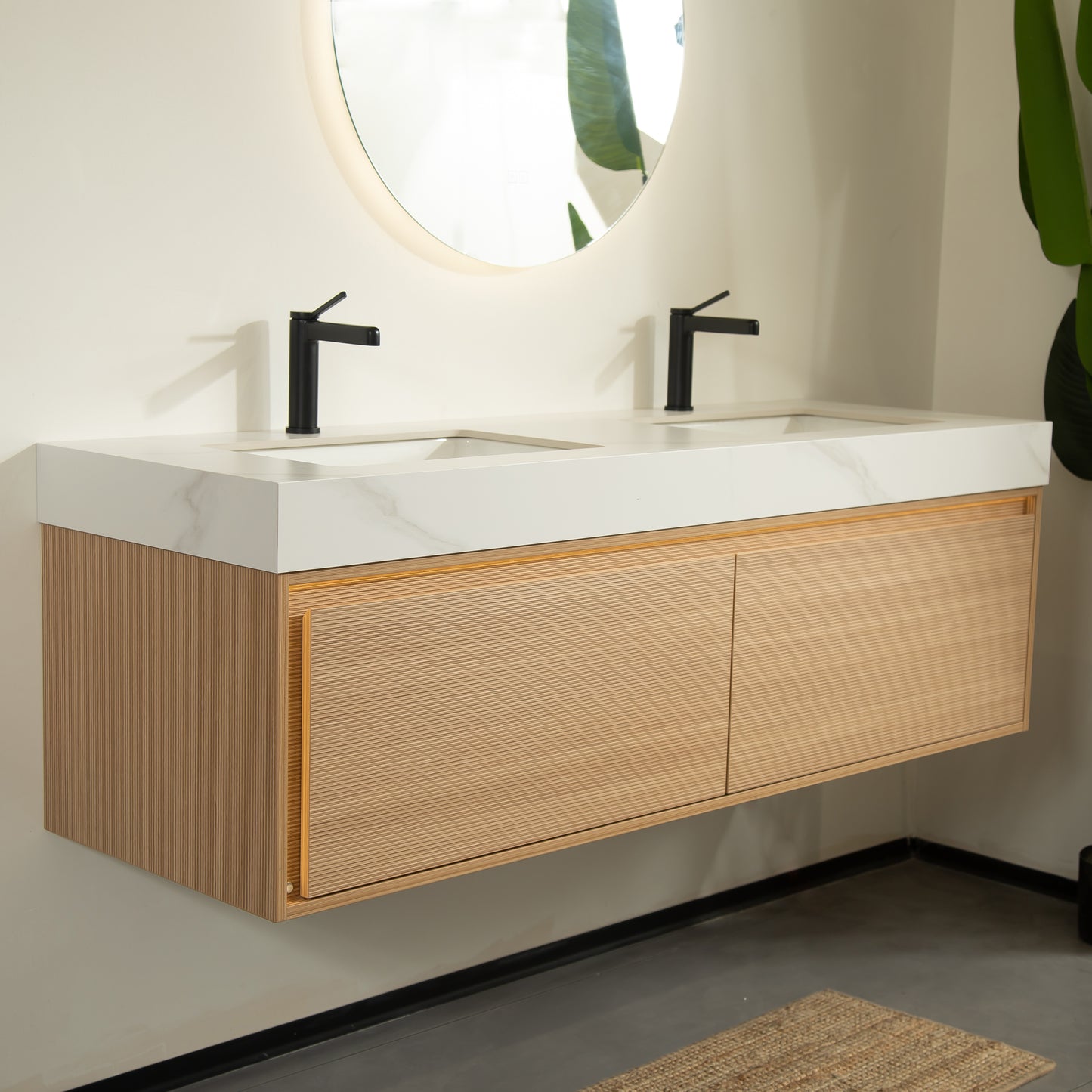 NYAH 60'' Bathroom Vanity&Sinks, Floating Ultra-Slim Grille Plywood Storage Cabinet, Carrara White