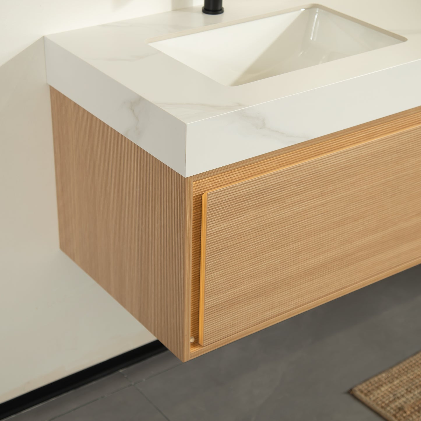NYAH 60'' Bathroom Vanity&Sinks, Floating Ultra-Slim Grille Plywood Storage Cabinet, Carrara White