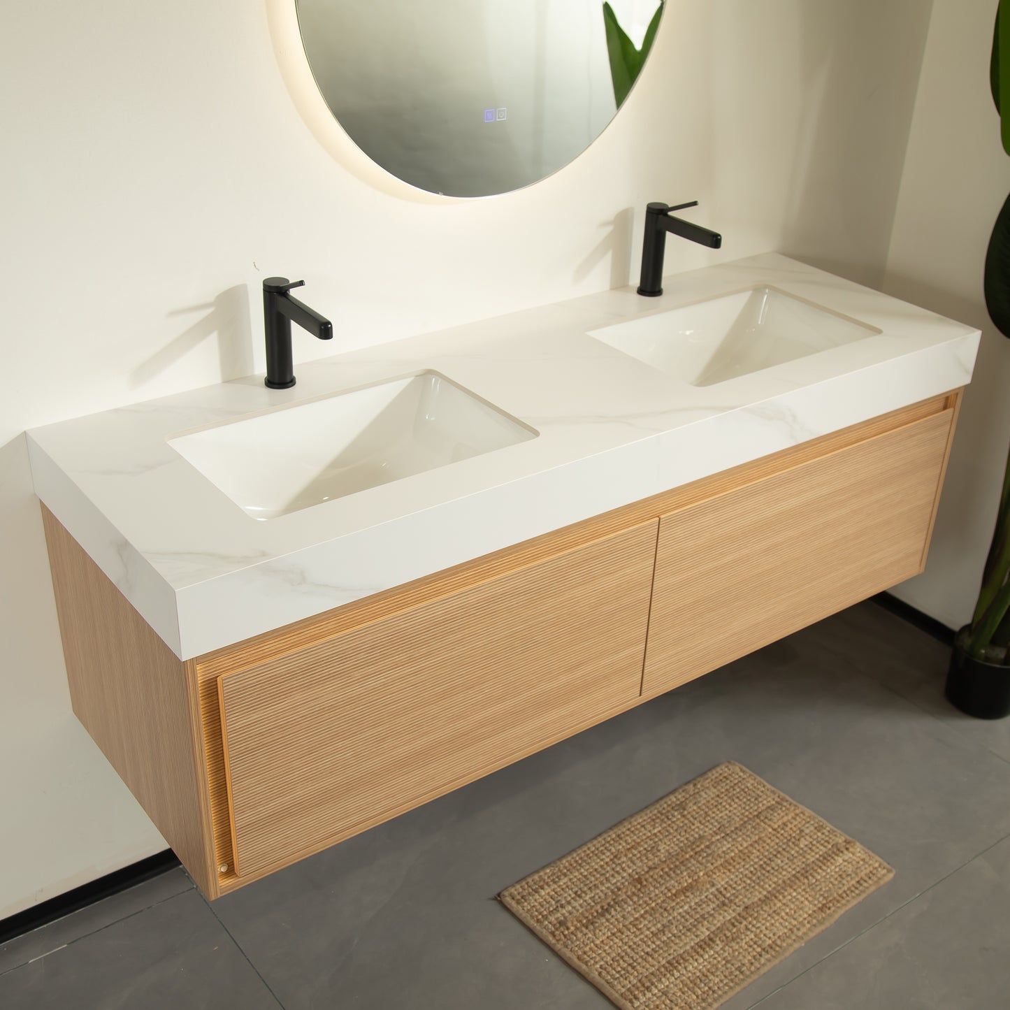 NYAH 60'' Bathroom Vanity&Sinks, Floating Ultra-Slim Grille Plywood Storage Cabinet, Carrara White