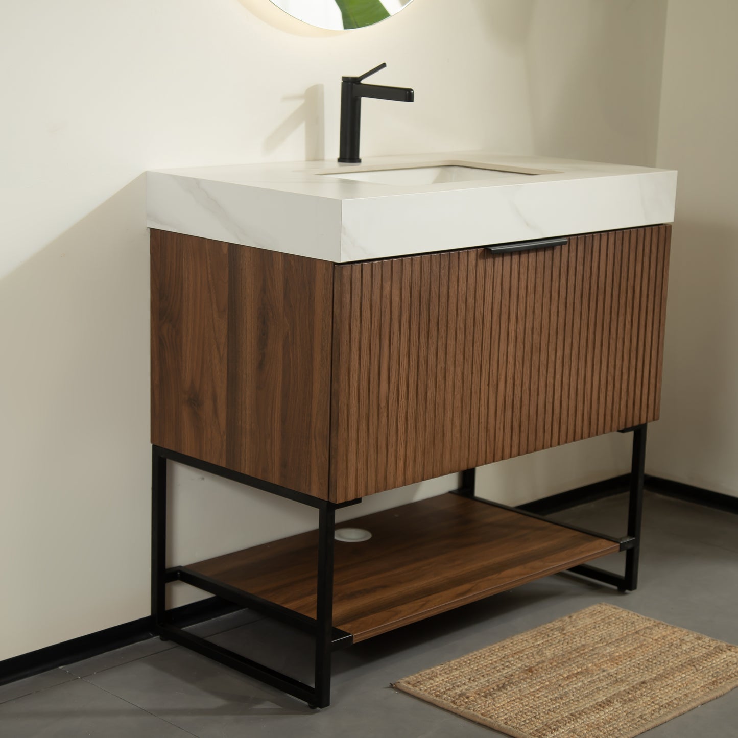 YOLAN 36" Badezimmer-Waschtisch und Waschbecken, freistehender gestreifter Sperrholz-Aufbewahrungsschrank mit Schublade und offenem Regal, Carrara-Weiß,