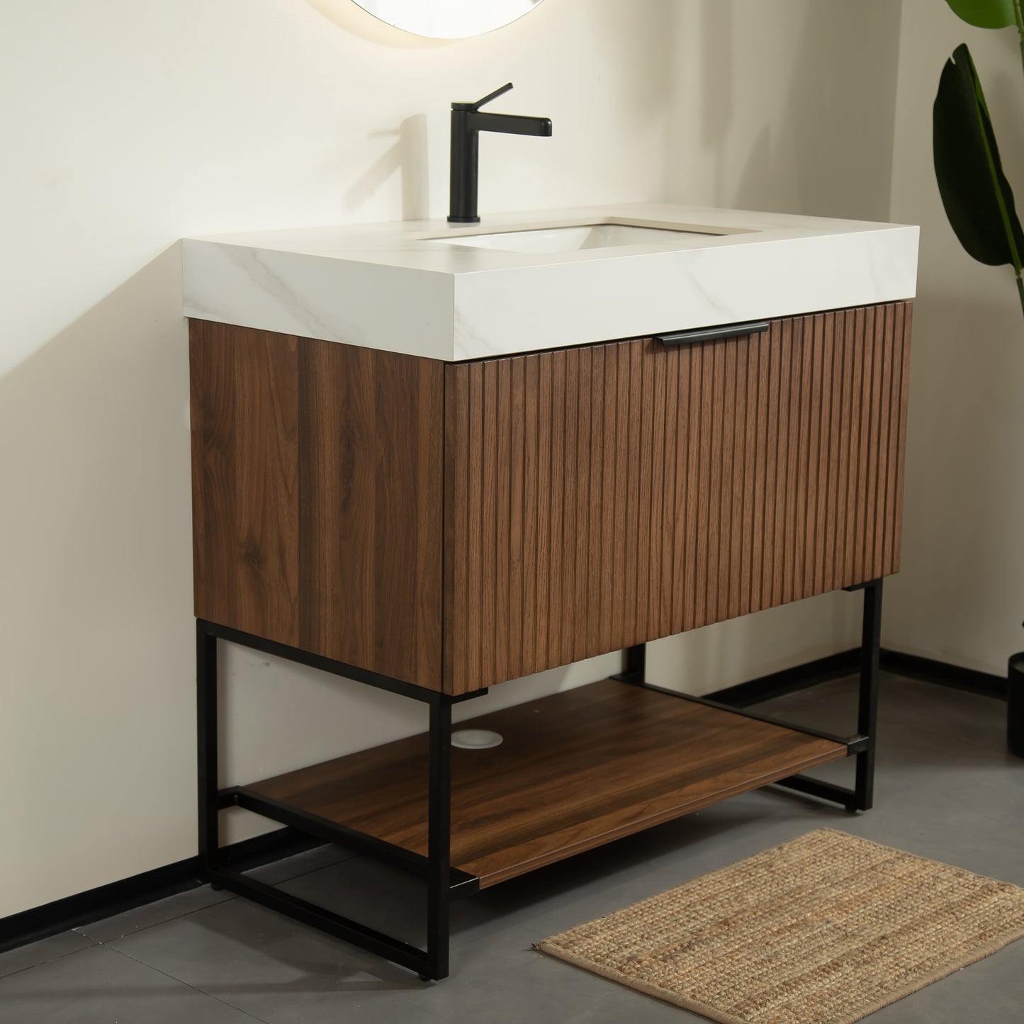 YOLAN 36" Badezimmer-Waschtisch und Waschbecken, freistehender gestreifter Sperrholz-Aufbewahrungsschrank mit Schublade und offenem Regal, Carrara-Weiß,