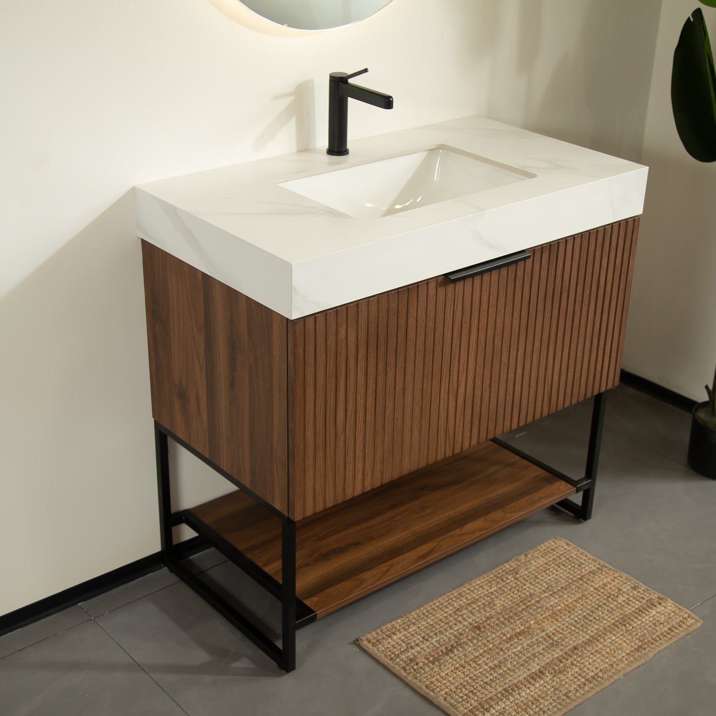 YOLAN 36" Badezimmer-Waschtisch und Waschbecken, freistehender gestreifter Sperrholz-Aufbewahrungsschrank mit Schublade und offenem Regal, Carrara-Weiß,