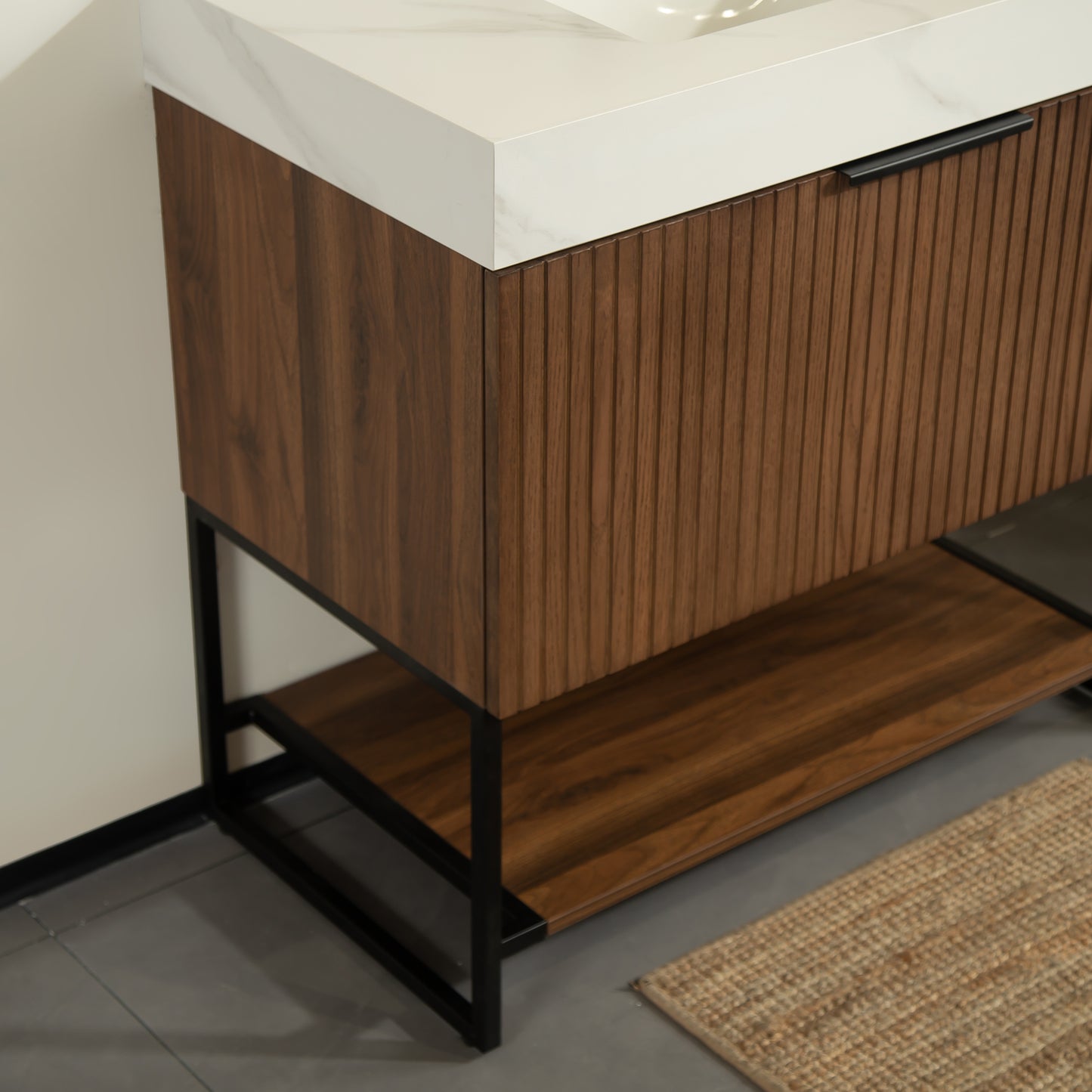 YOLAN 36" Badezimmer-Waschtisch und Waschbecken, freistehender gestreifter Sperrholz-Aufbewahrungsschrank mit Schublade und offenem Regal, Carrara-Weiß,