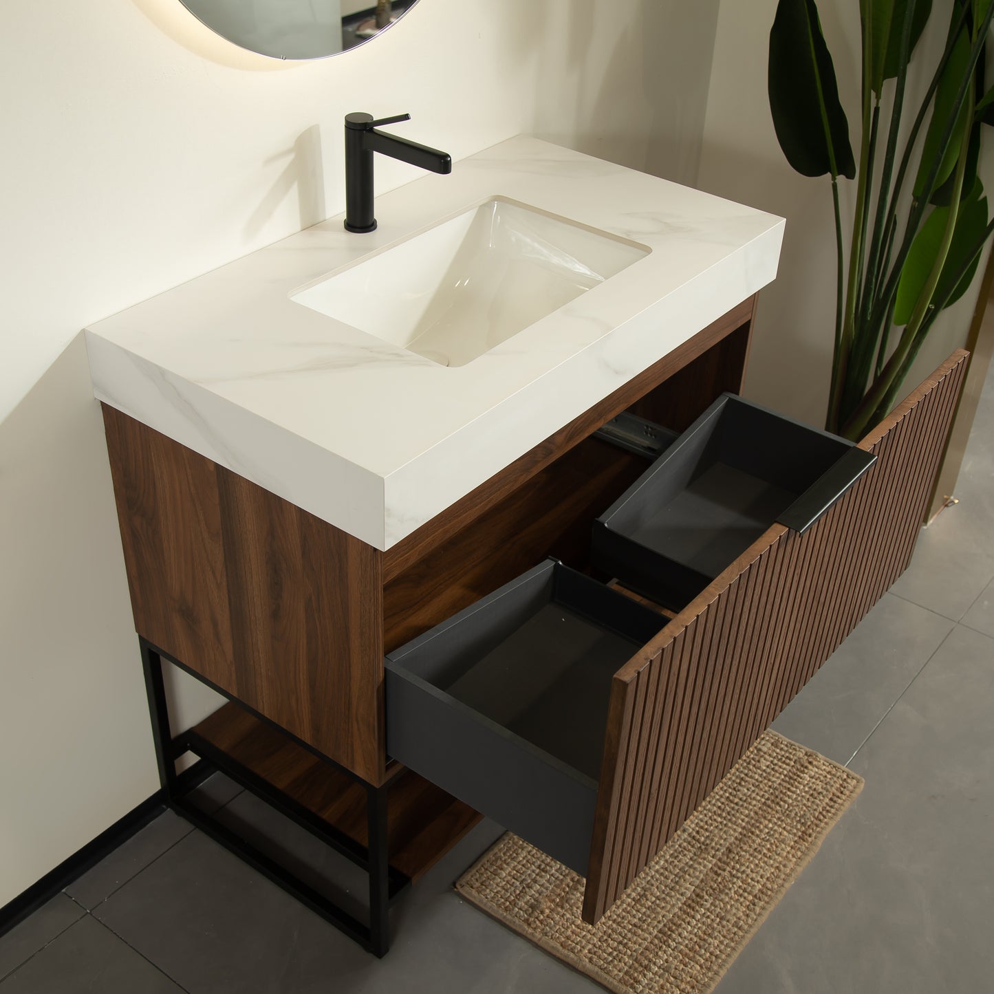 YOLAN 36" Badezimmer-Waschtisch und Waschbecken, freistehender gestreifter Sperrholz-Aufbewahrungsschrank mit Schublade und offenem Regal, Carrara-Weiß,