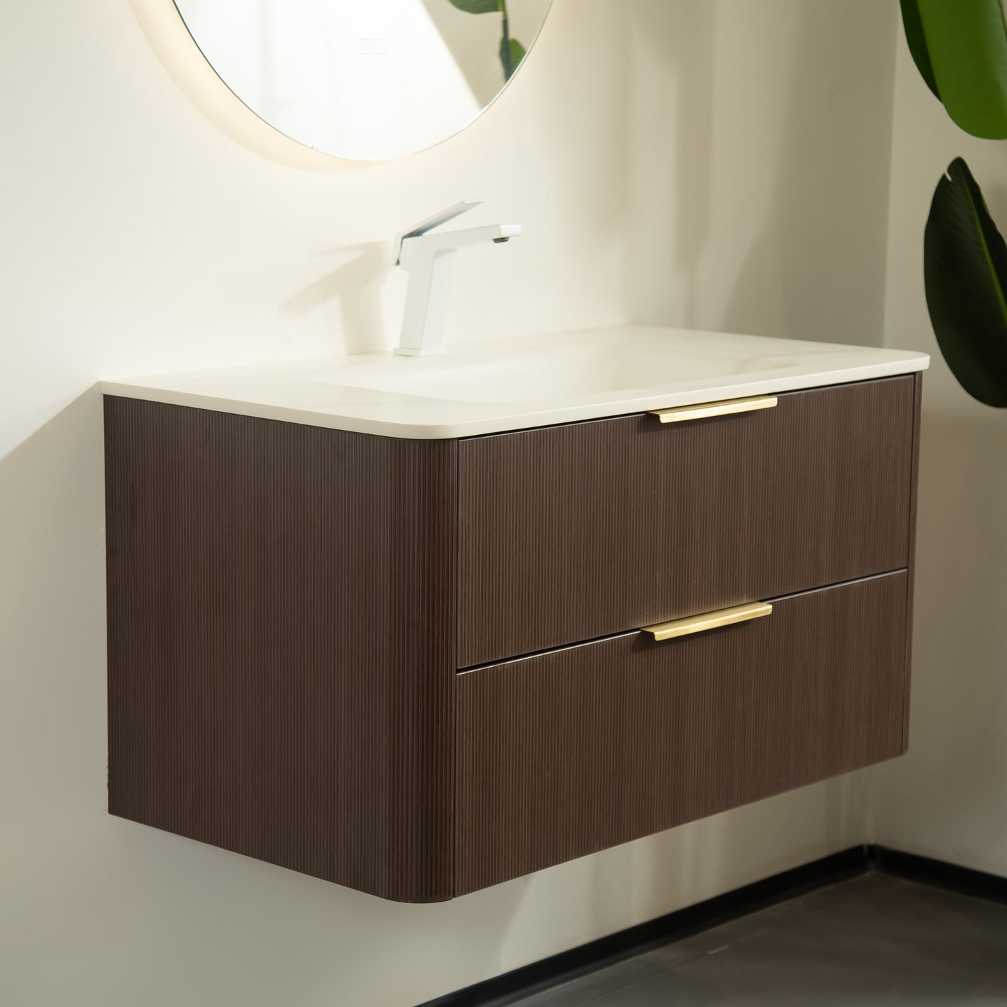 ZANE 30 Badezimmer-Waschtisch mit Waschbecken, schwebender Aufbewahrungsschrank aus Sperrholz mit ultra-Nadelstreifen und Schubladen, italienische Walnussholzmaserung