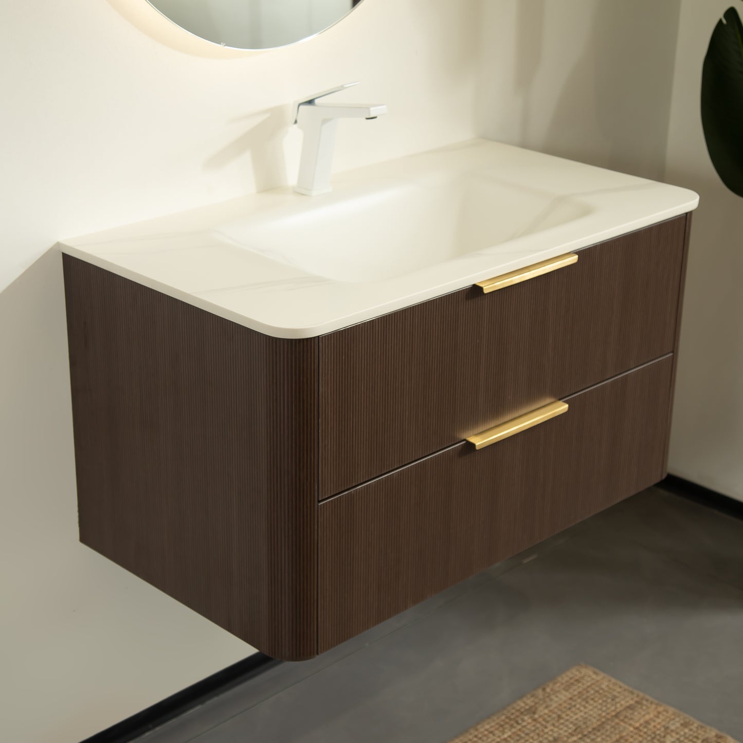 ZANE 30 Badezimmer-Waschtisch mit Waschbecken, schwebender Aufbewahrungsschrank aus Sperrholz mit ultra-Nadelstreifen und Schubladen, italienische Walnussholzmaserung