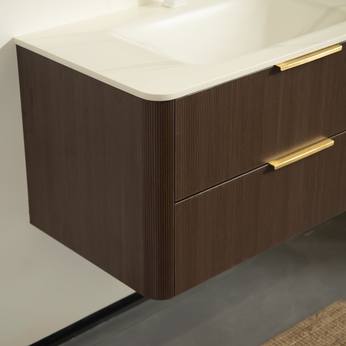 ZANE 30 Badezimmer-Waschtisch mit Waschbecken, schwebender Aufbewahrungsschrank aus Sperrholz mit ultra-Nadelstreifen und Schubladen, italienische Walnussholzmaserung