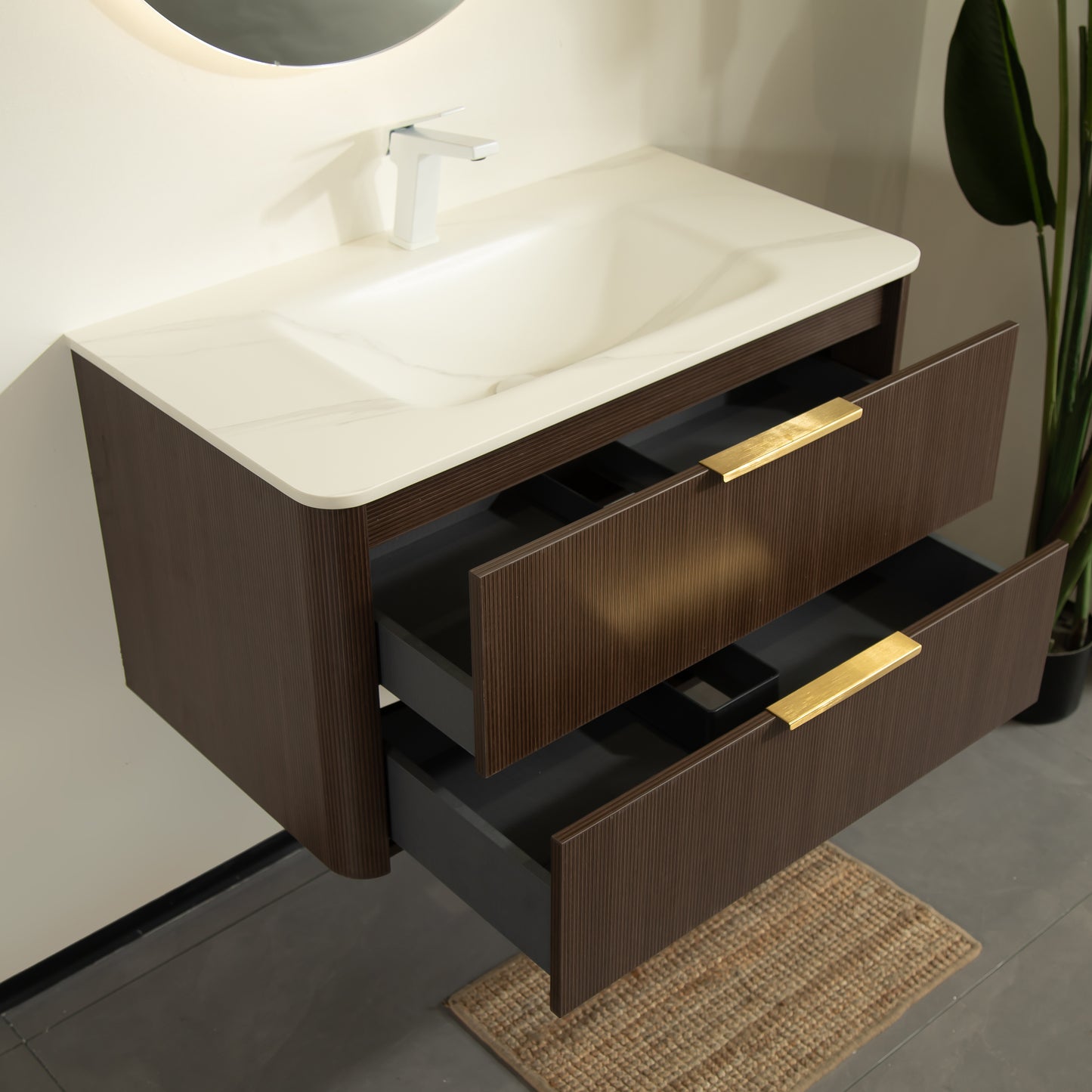 ZANE 30 Badezimmer-Waschtisch mit Waschbecken, schwebender Aufbewahrungsschrank aus Sperrholz mit ultra-Nadelstreifen und Schubladen, italienische Walnussholzmaserung