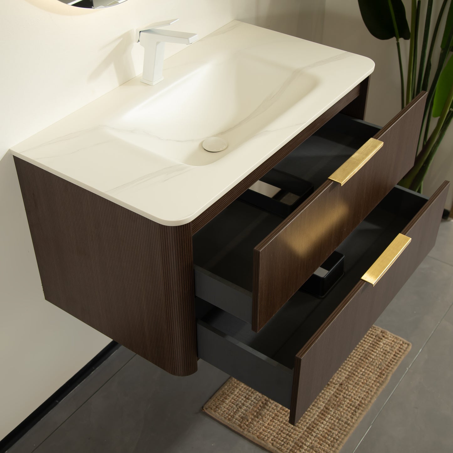 ZANE 30 Badezimmer-Waschtisch mit Waschbecken, schwebender Aufbewahrungsschrank aus Sperrholz mit ultra-Nadelstreifen und Schubladen, italienische Walnussholzmaserung