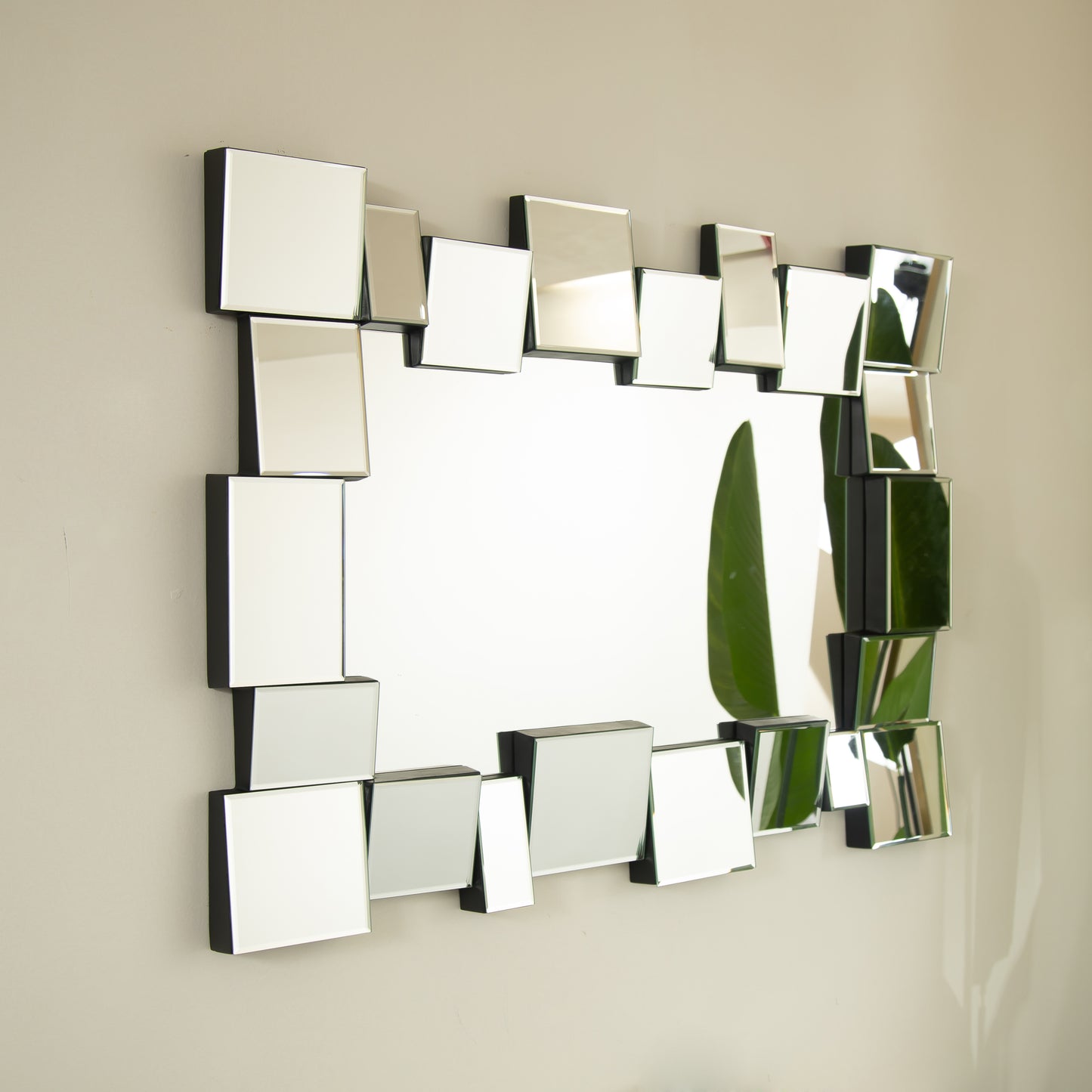 30'' Reage Mirror, Wall-mounted Geometric Square-spliced PU Art Decorative Mirror, Suitable for Bathroom, Bedroom, Living Room
