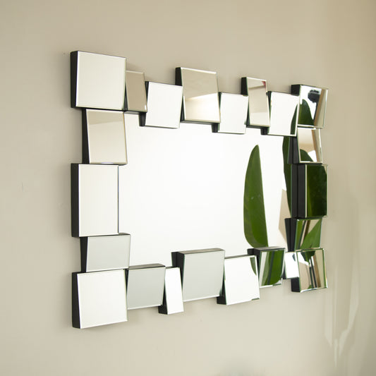 30'' Reage Mirror, Wall-mounted Geometric Square-spliced PU Art Decorative Mirror, Suitable for Bathroom, Bedroom, Living Room