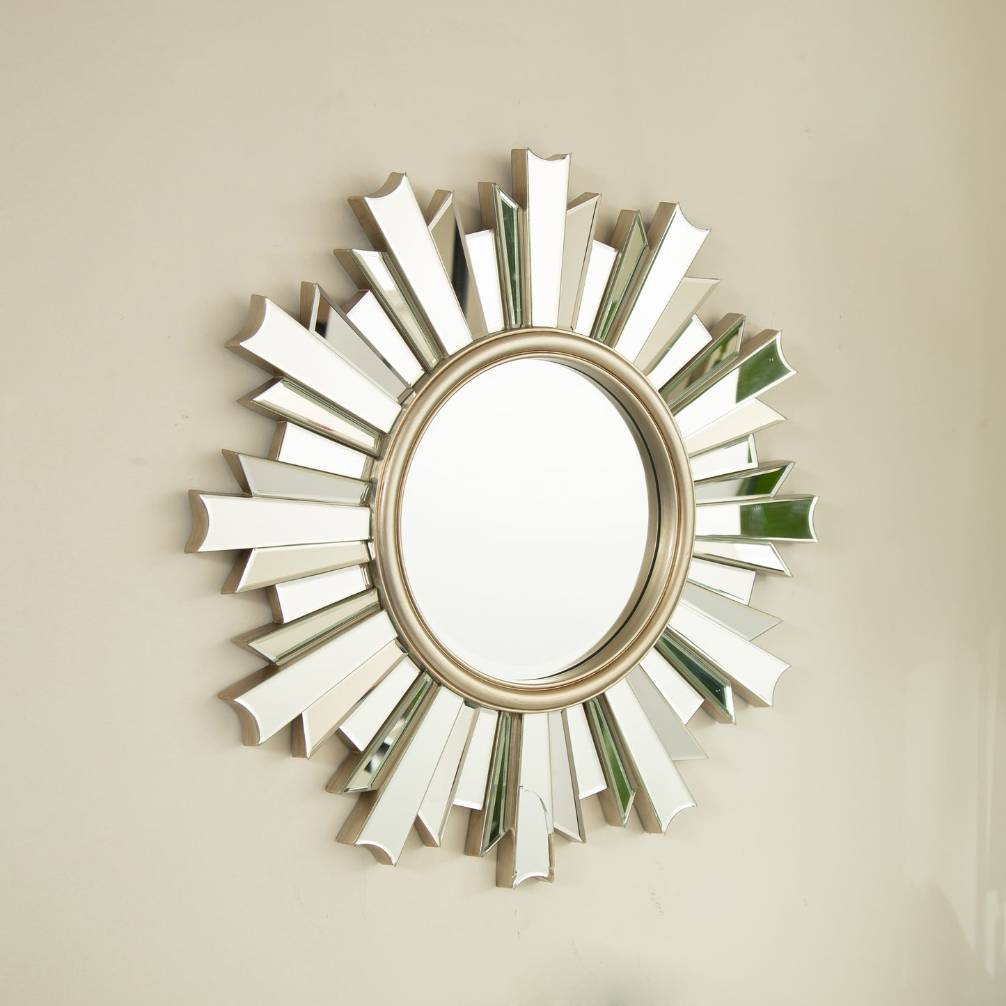 26'' HenGis Mirror, Wall-mounted Sunburst-shaped PU Art Decorative Mirror, Suitable for Bathroom, Bedroom, Living Room
