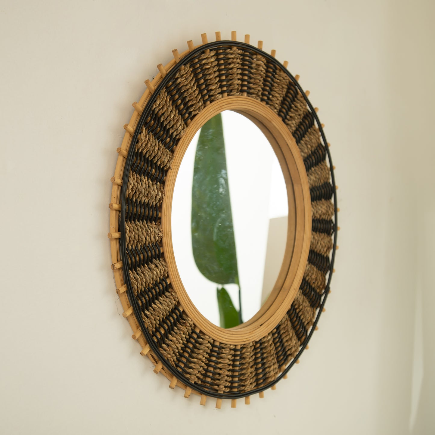 23'' Echo Mirror, Bamboo Round Art Wall Mirror with Light Yellow and Black Hemp Ropes, Suitable for Bathroom, Bedroom, Living Room