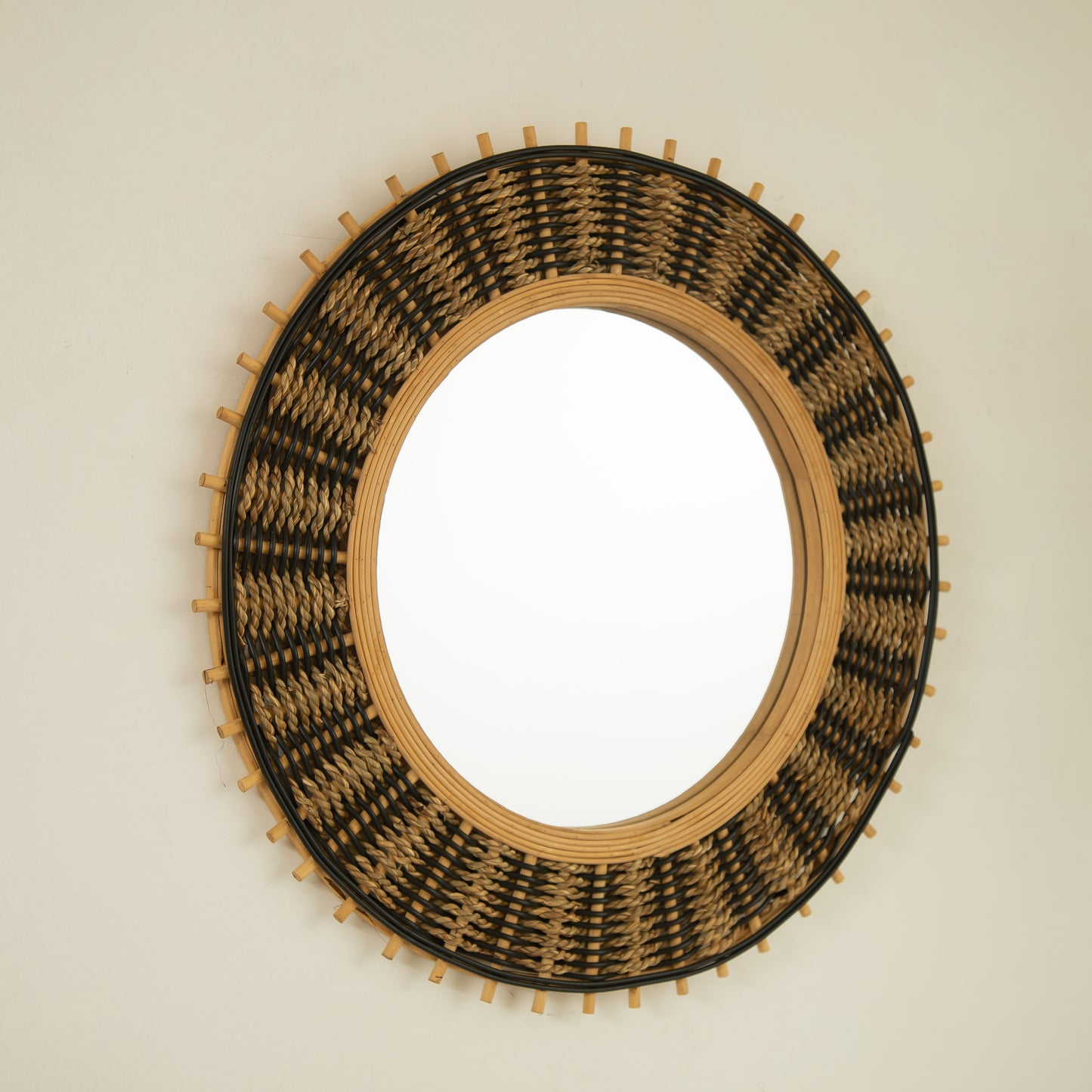 23'' Echo Mirror, Bamboo Round Art Wall Mirror with Light Yellow and Black Hemp Ropes, Suitable for Bathroom, Bedroom, Living Room