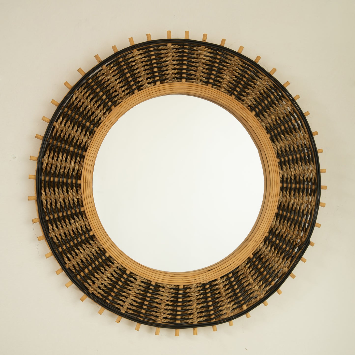 23'' Echo Mirror, Bamboo Round Art Wall Mirror with Light Yellow and Black Hemp Ropes, Suitable for Bathroom, Bedroom, Living Room