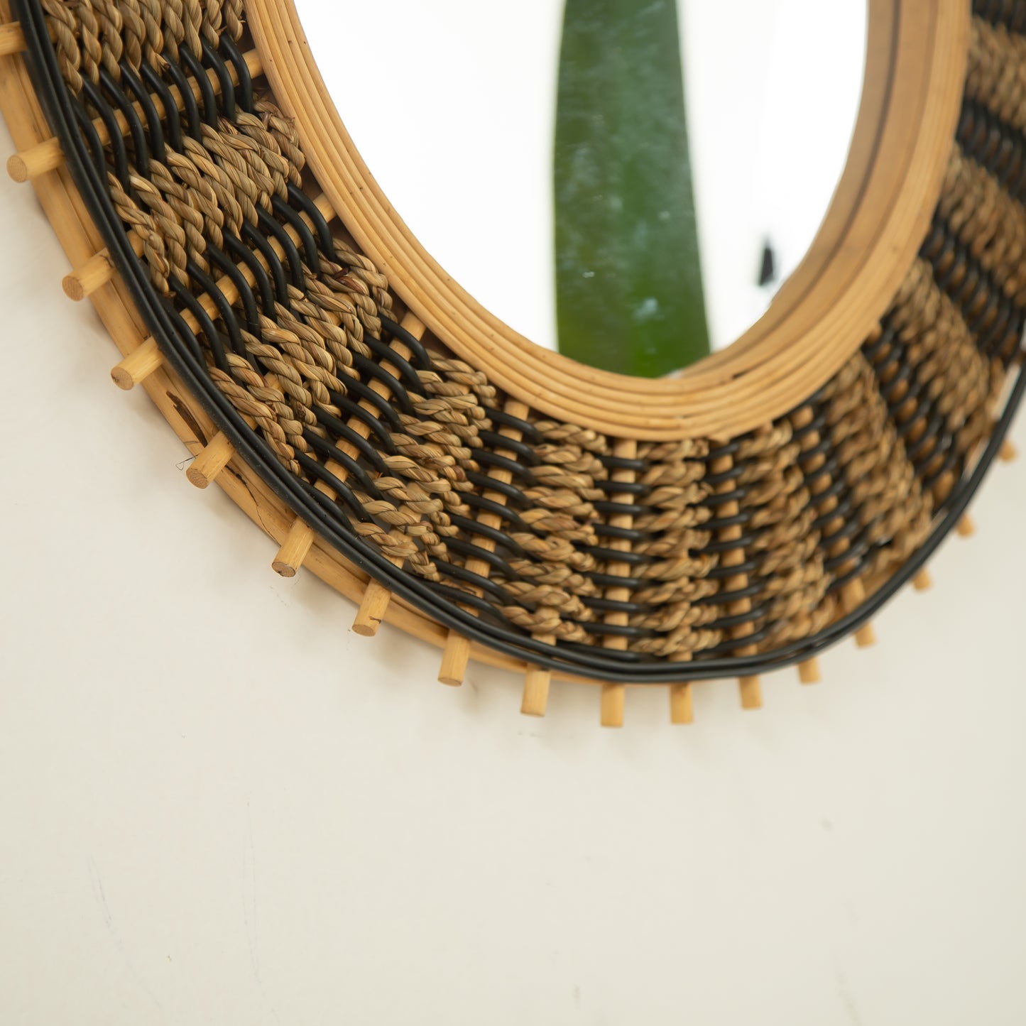 23'' Echo Mirror, Bamboo Round Art Wall Mirror with Light Yellow and Black Hemp Ropes, Suitable for Bathroom, Bedroom, Living Room