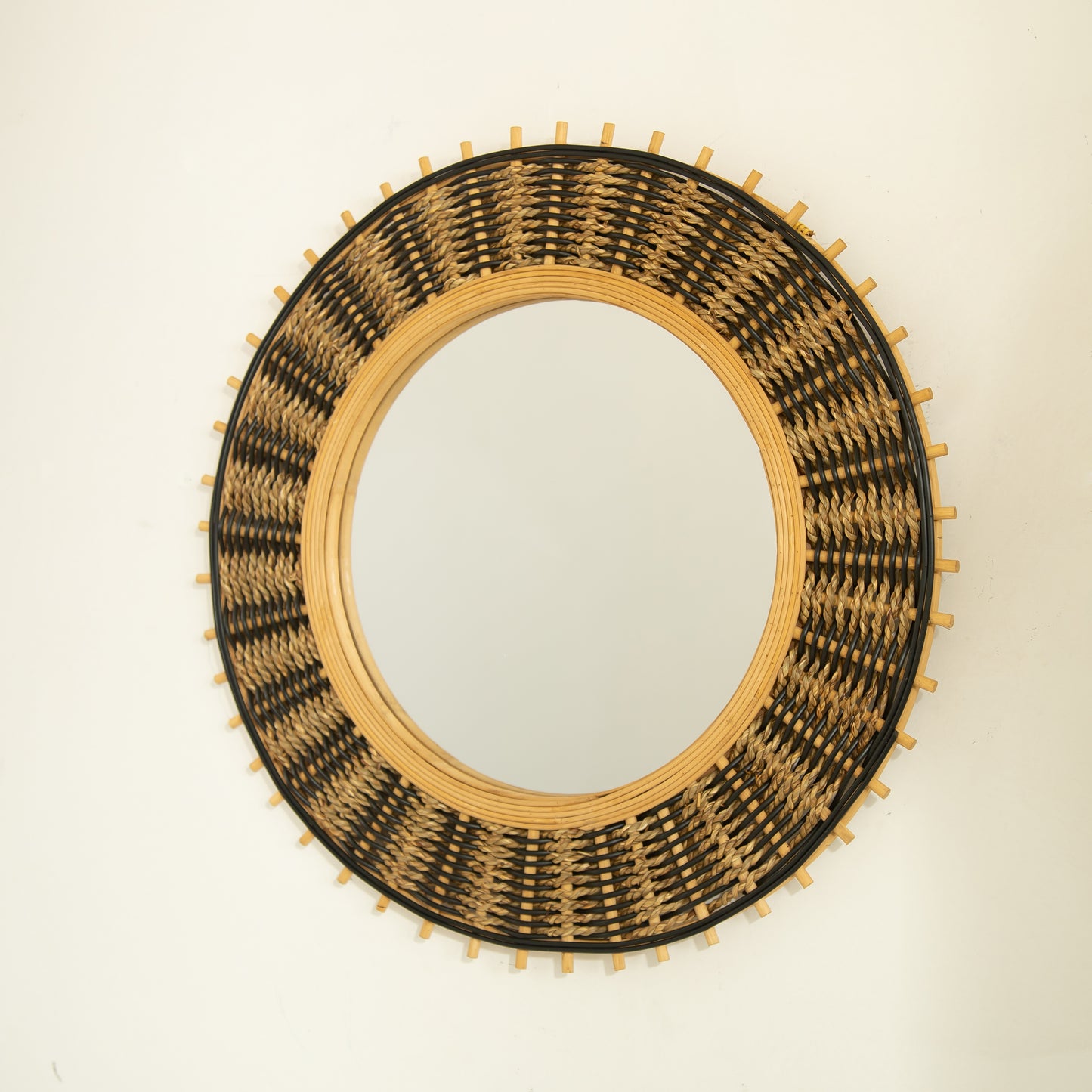 23'' Echo Mirror, Bamboo Round Art Wall Mirror with Light Yellow and Black Hemp Ropes, Suitable for Bathroom, Bedroom, Living Room