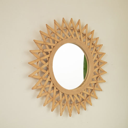 24'' Solana Mirror, Wall-mounted Bamboo Artistry Circle Mirror with Hemp, Irregular Shape, Suitable for Bathroom, Bedroom, Living Room
