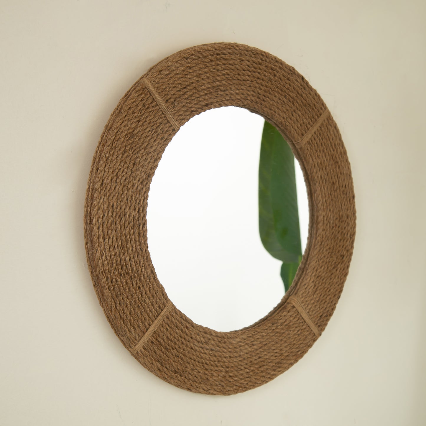 24'' Breeza Mirror, Hemp Hand-woven Artistry Wall Hanging Circle Bamboo Mirror, Earth Yellow, Suitable for Bathroom, Bedroom, Living Room